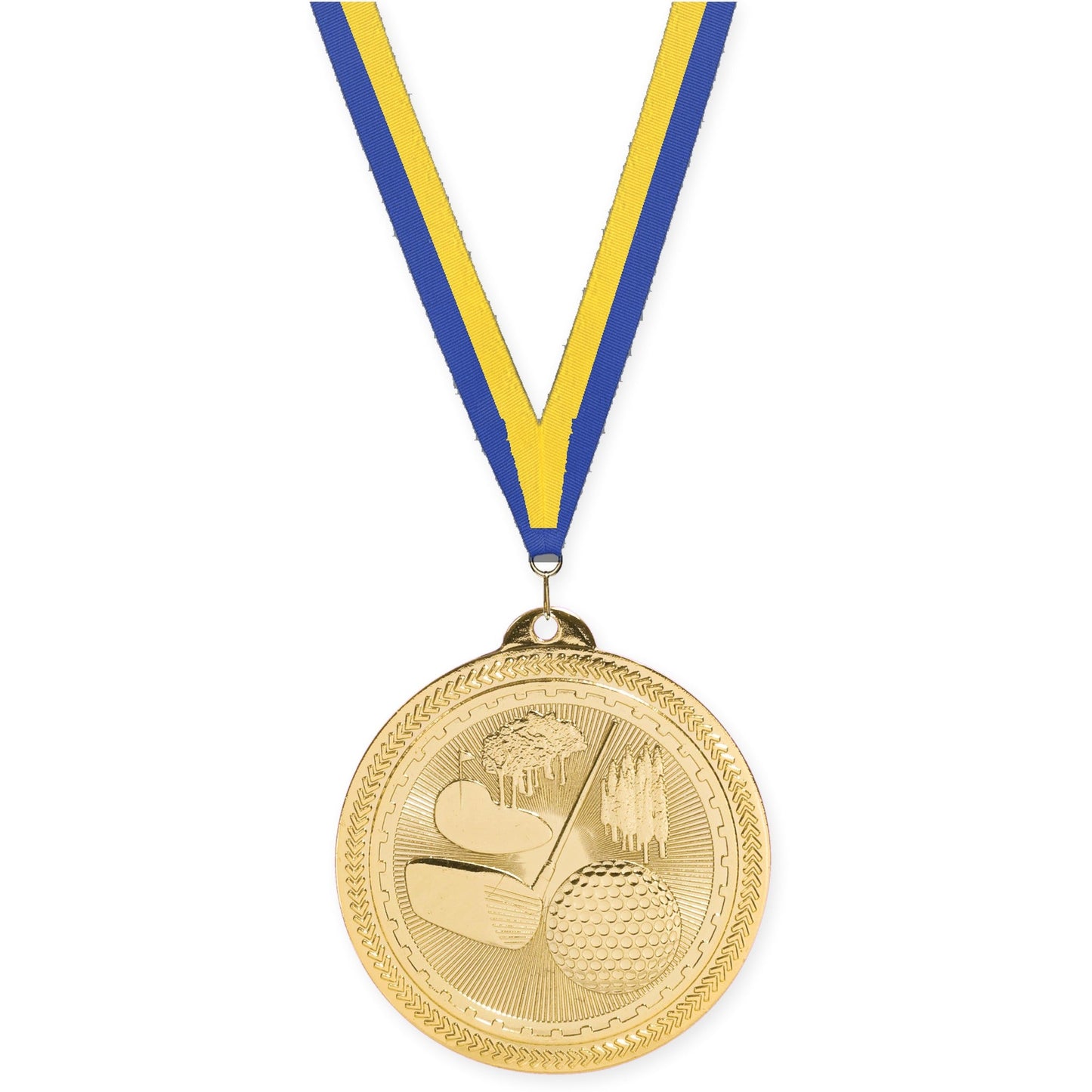 2 inch golf Sunburst medal in bright gold with Blue Yellow neck ribbon