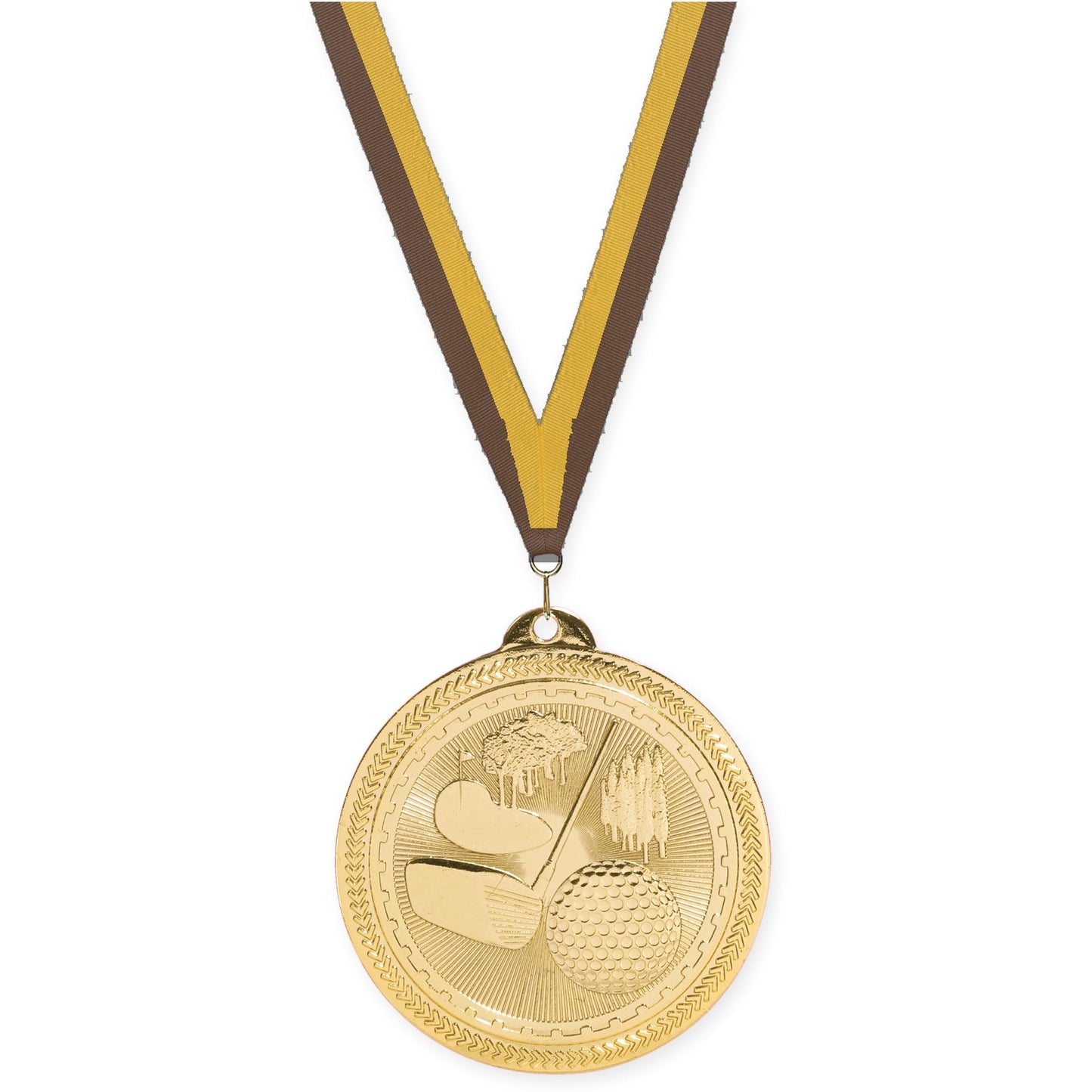 2 inch golf Sunburst medal in bright gold with Brown Gold neck ribbon