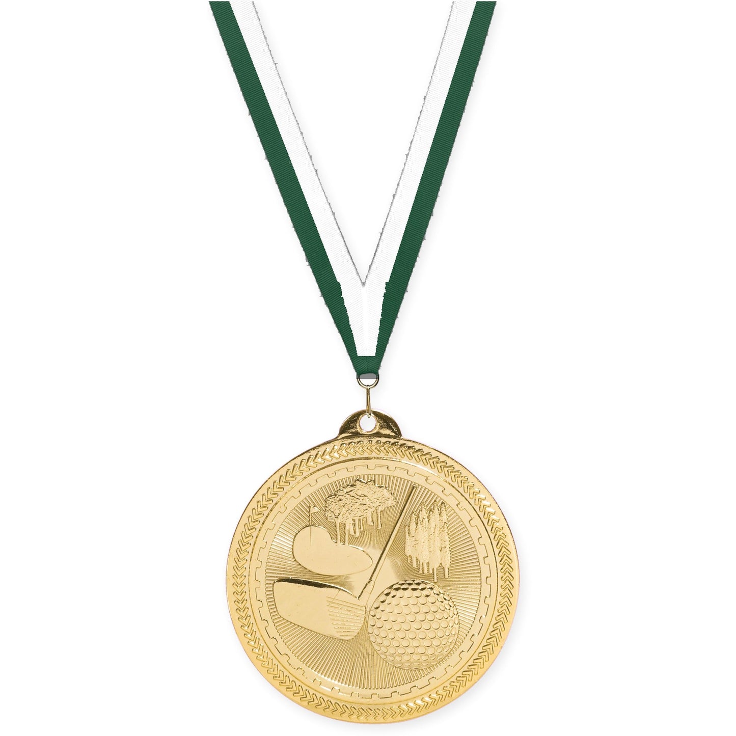 2 inch golf Sunburst medal in bright gold with Hunter Green White neck ribbon