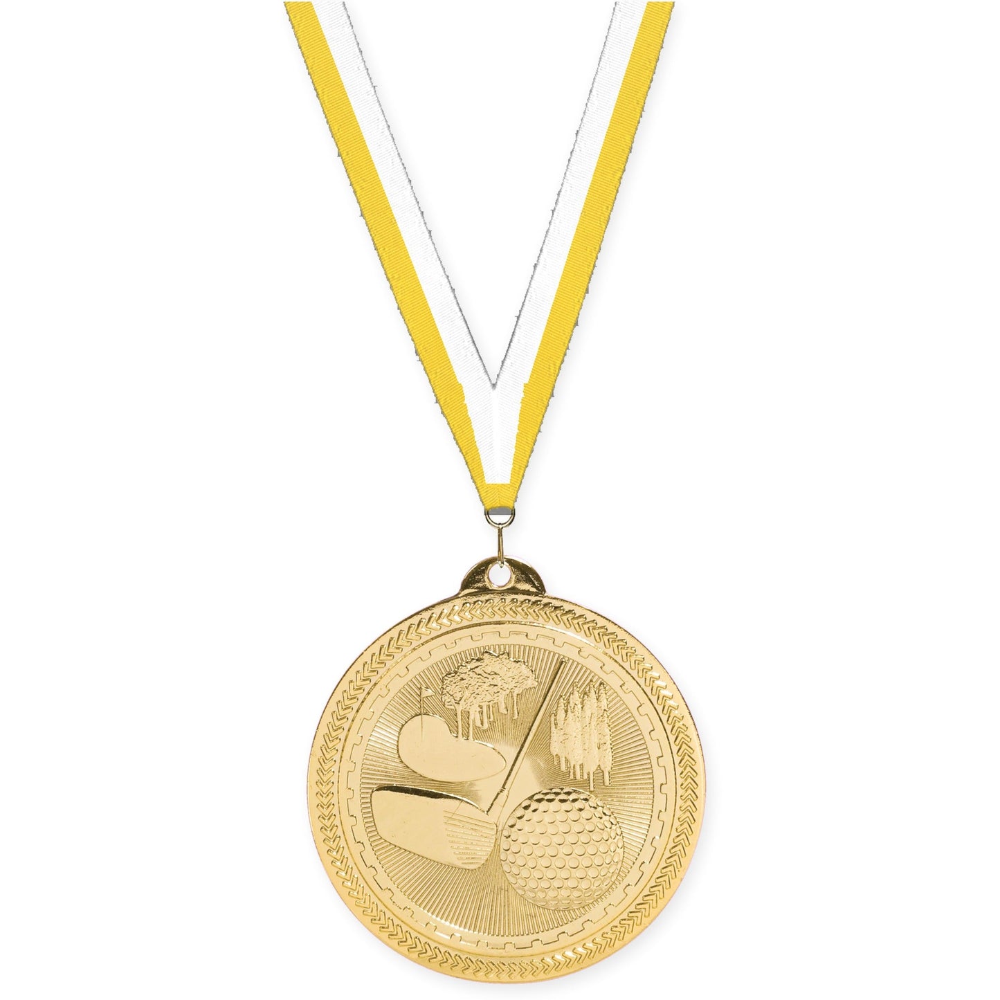 2 inch golf Sunburst medal in bright gold with Yellow White neck ribbon