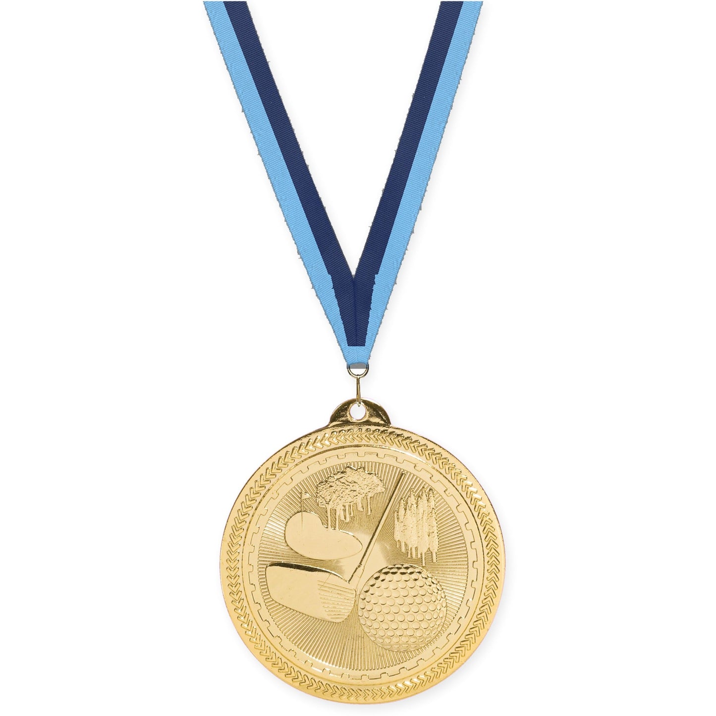 2 inch golf Sunburst medal in bright gold with Light Blue Navy neck ribbon