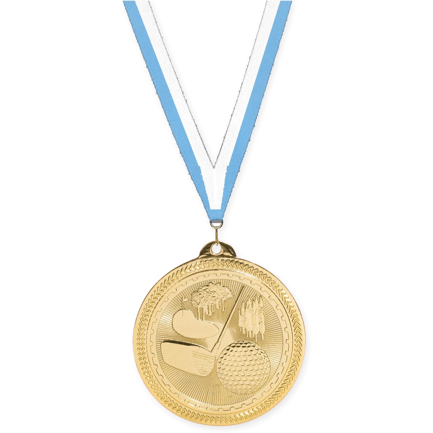 2 inch golf Sunburst medal in bright gold with Light Blue White neck ribbon