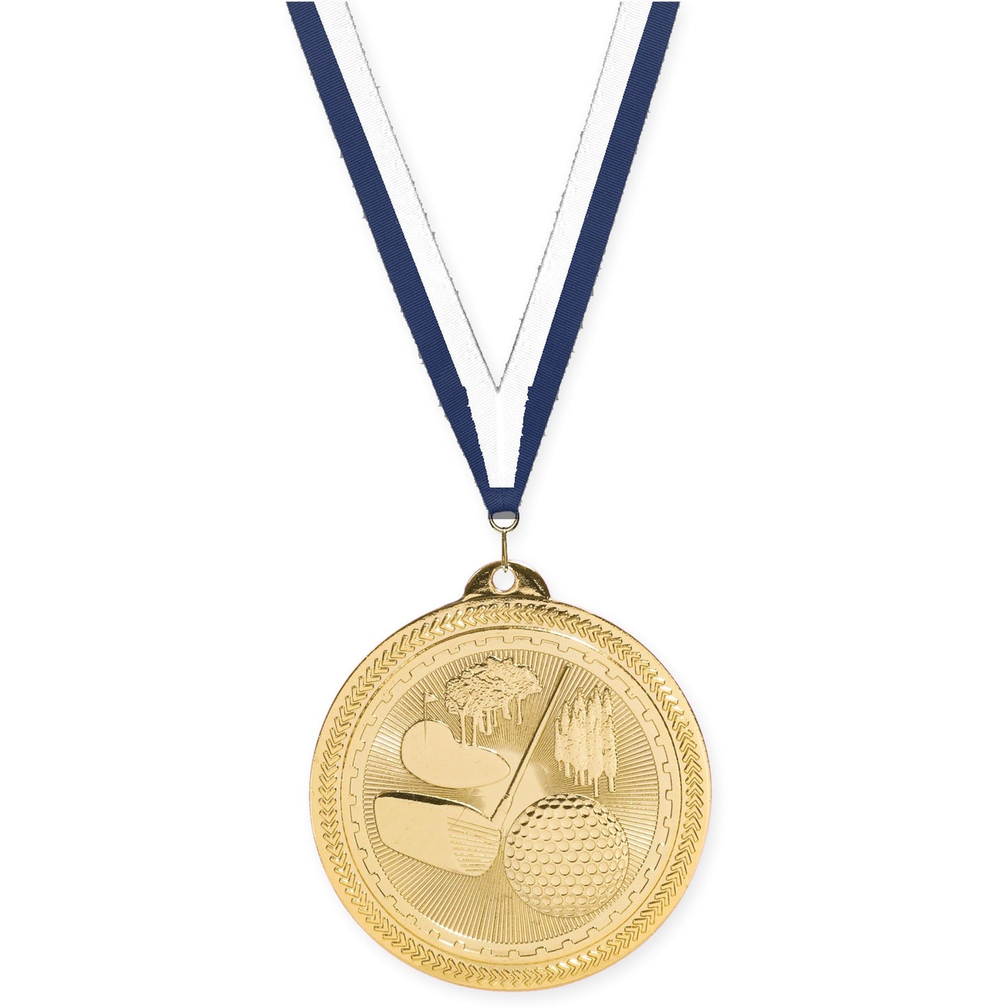 2 inch golf Sunburst medal in bright gold with Navy White neck ribbon