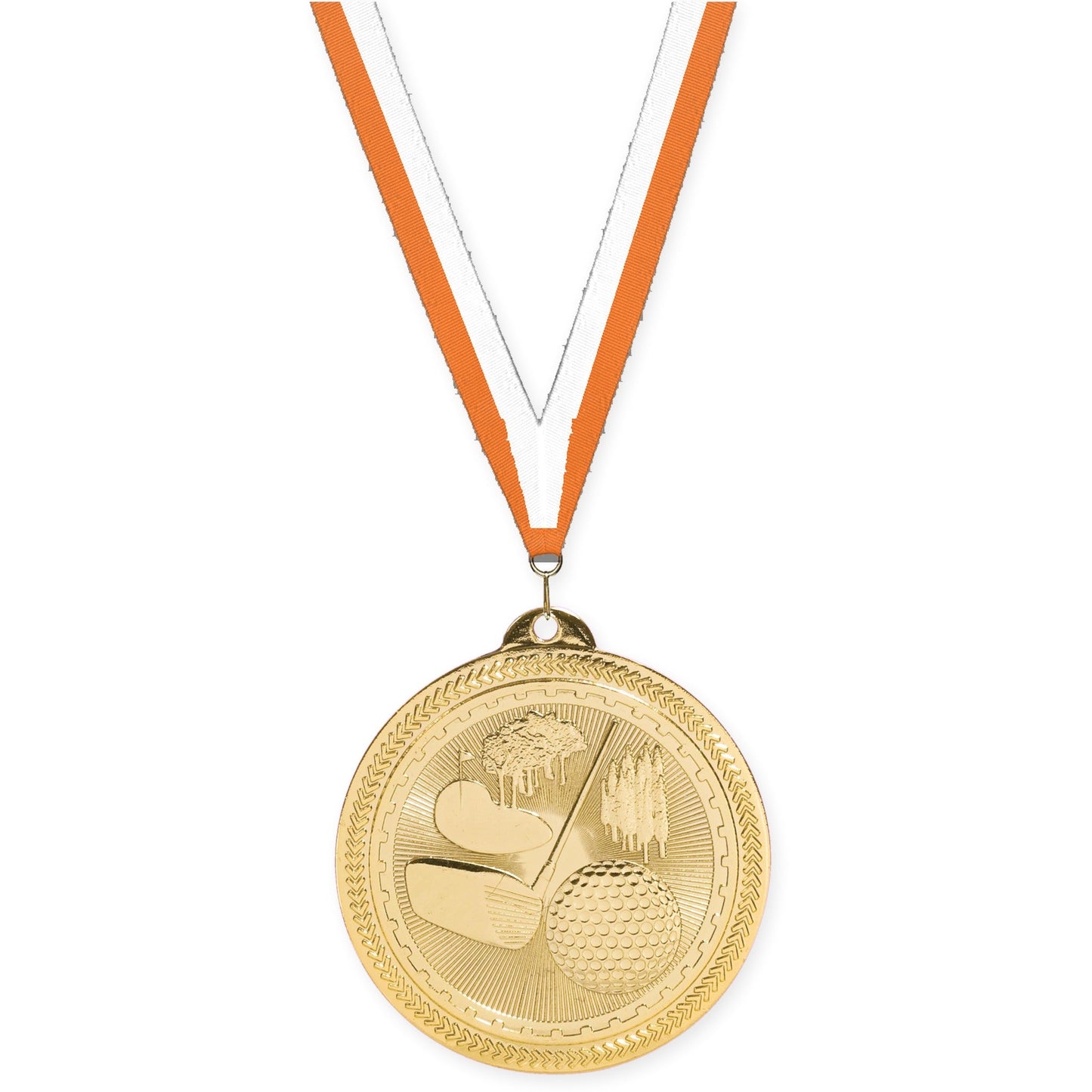 2 inch golf Sunburst medal in bright gold with Orange White neck ribbon