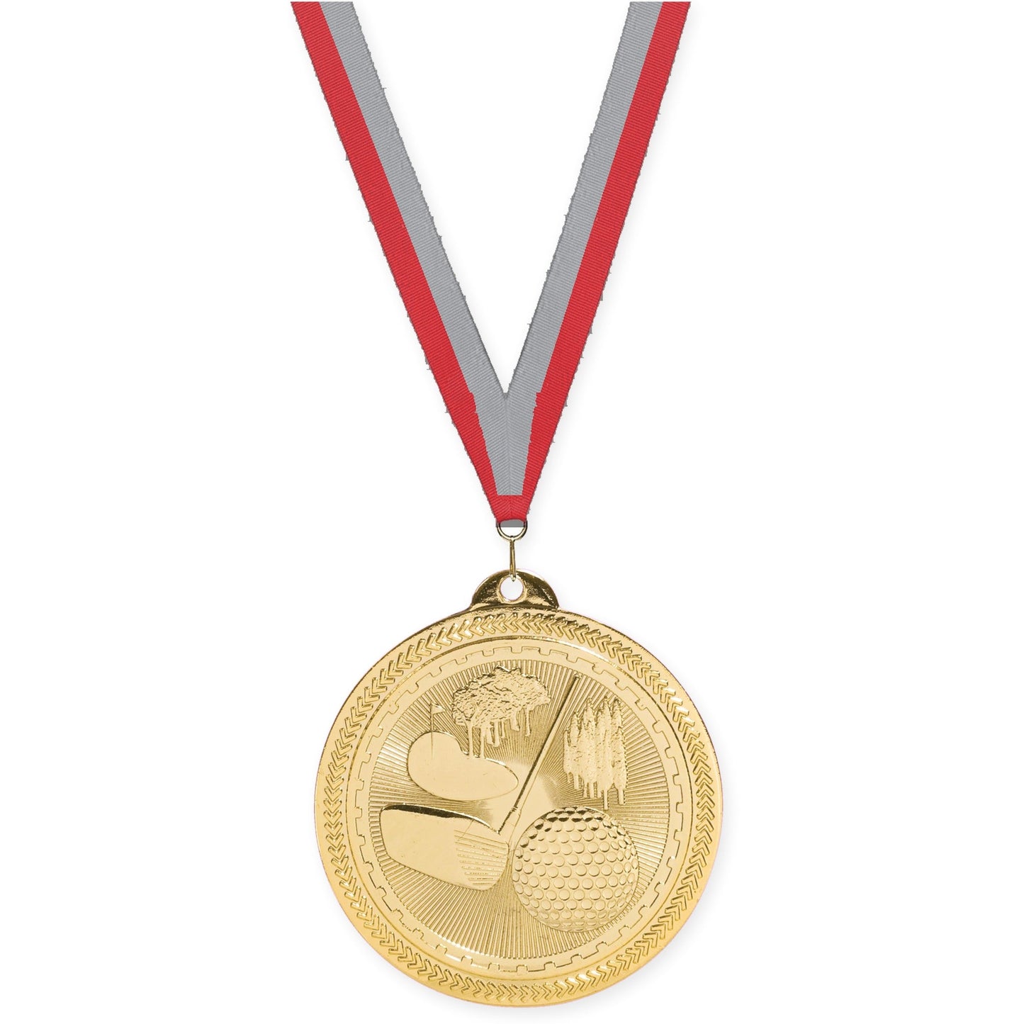 2 inch golf Sunburst medal in bright gold with Red Gray neck ribbon