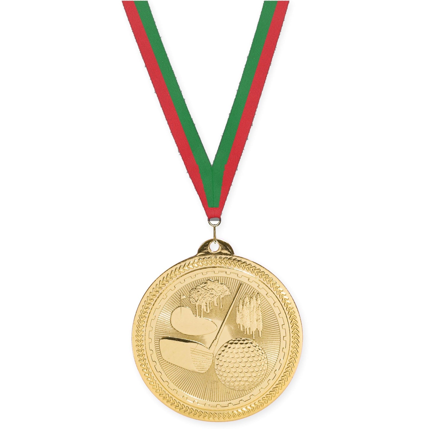 2 inch golf Sunburst medal in bright gold with Red Green neck ribbon