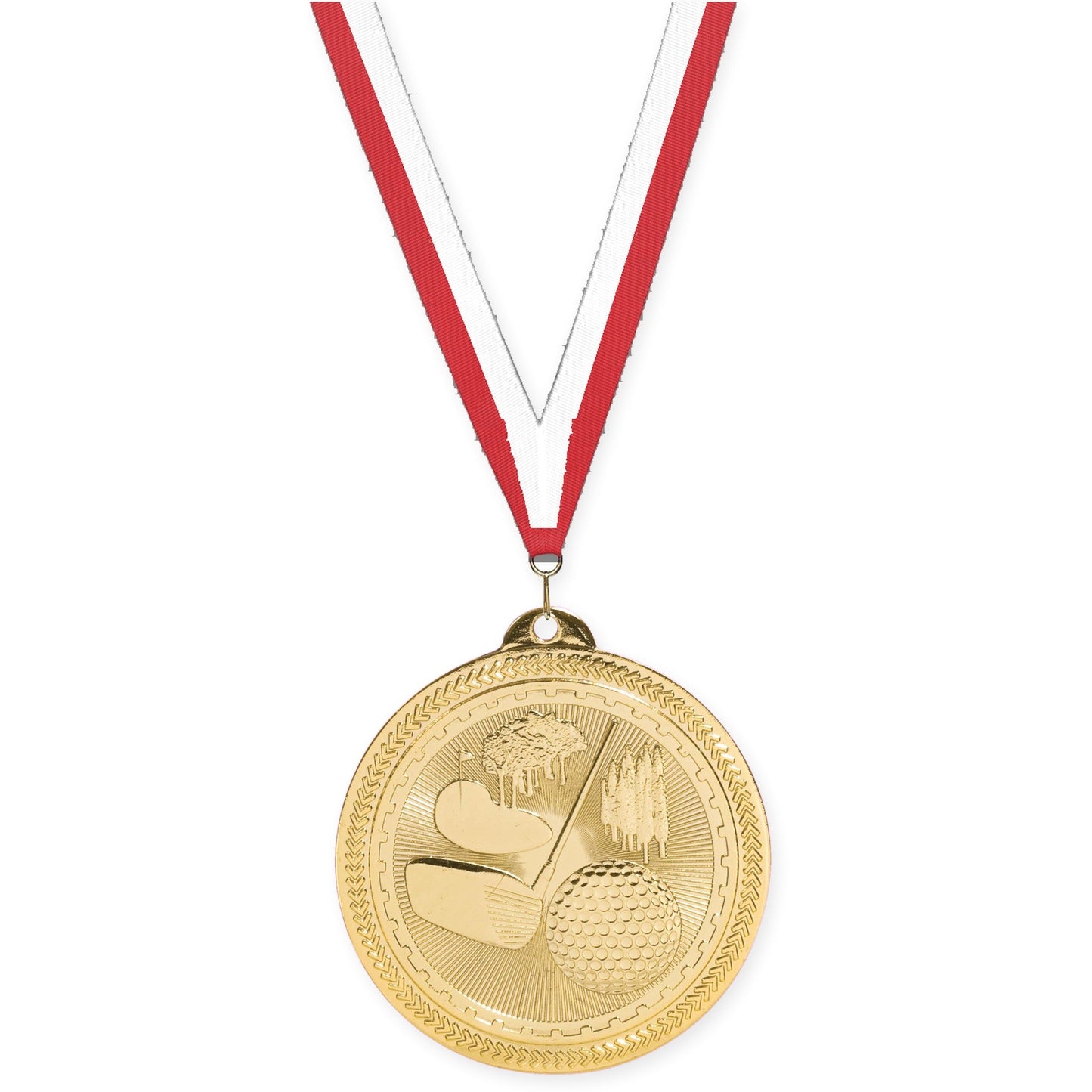 2 inch golf Sunburst medal in bright gold with Red White neck ribbon