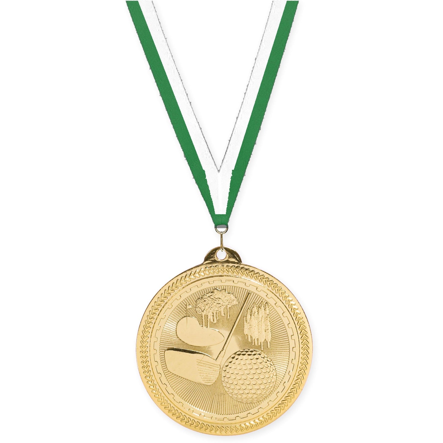 2 inch golf Sunburst medal in bright gold with Green White neck ribbon