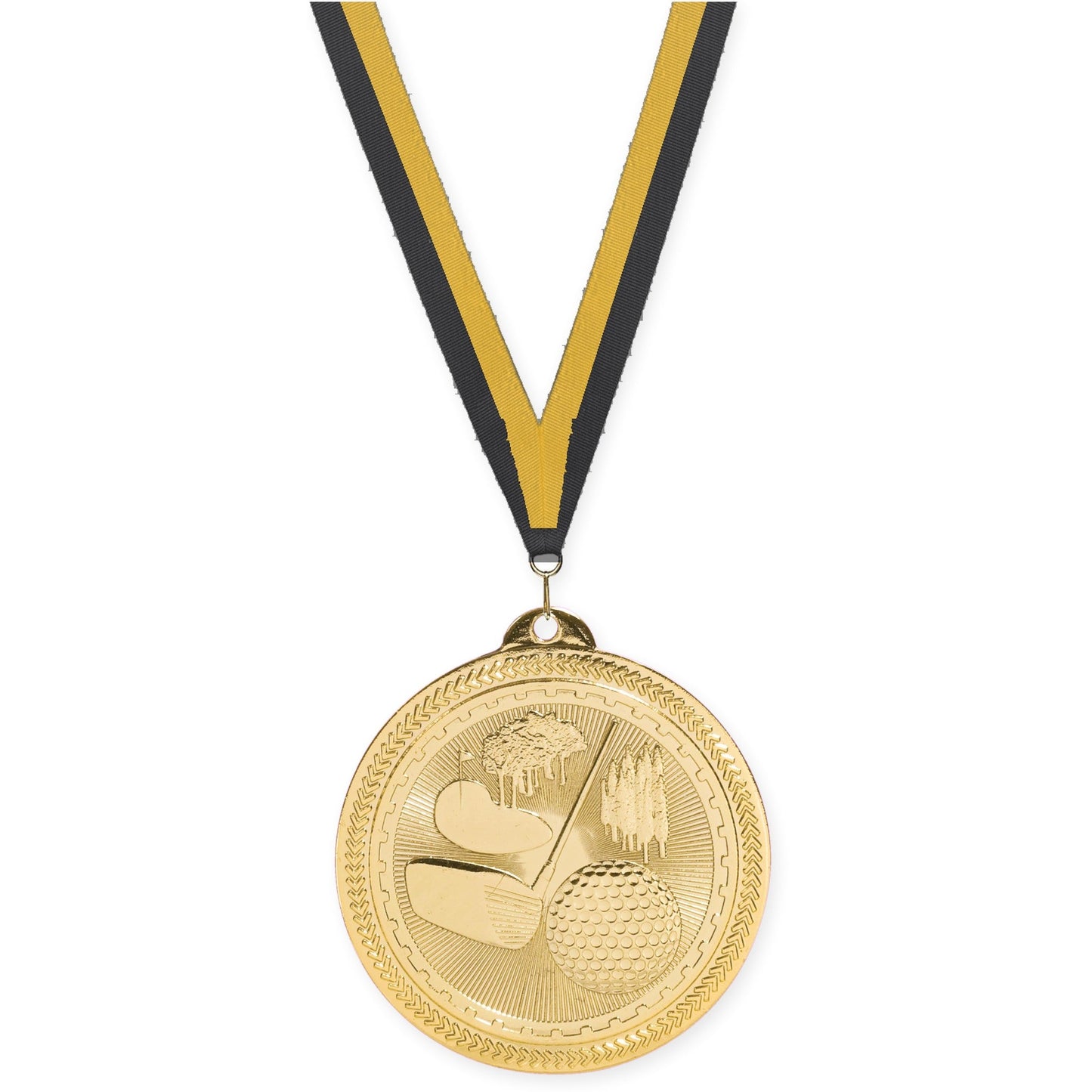2 inch golf Sunburst medal in bright gold with Black Gold neck ribbon