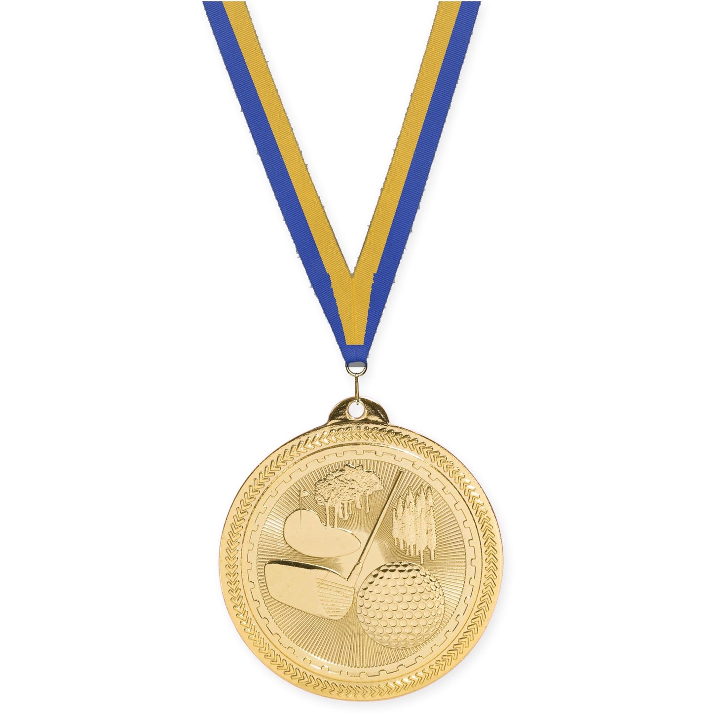 2 inch golf Sunburst medal in bright gold with Blue Gold neck ribbon