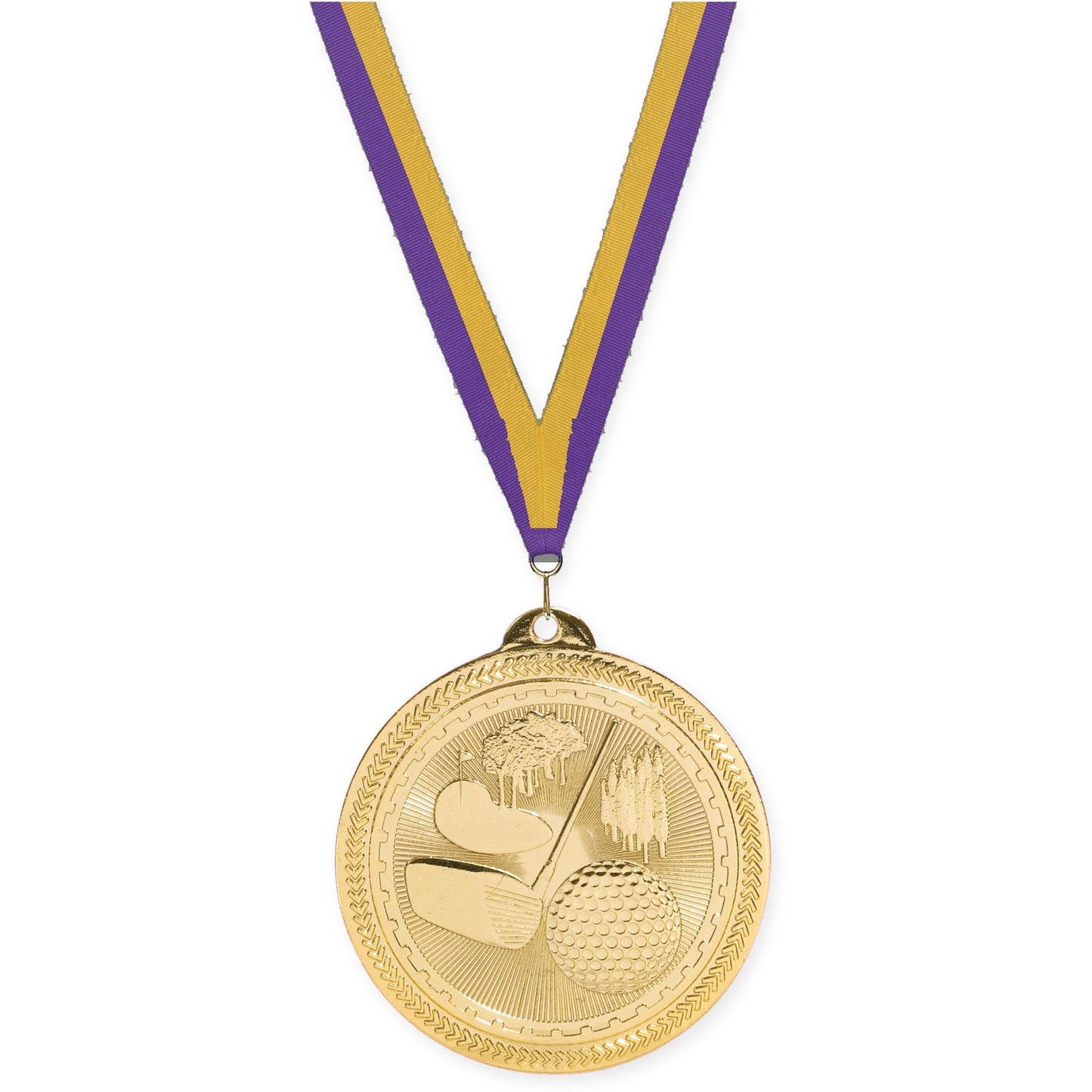2 inch golf Sunburst medal in bright gold with Purple Gold neck ribbon