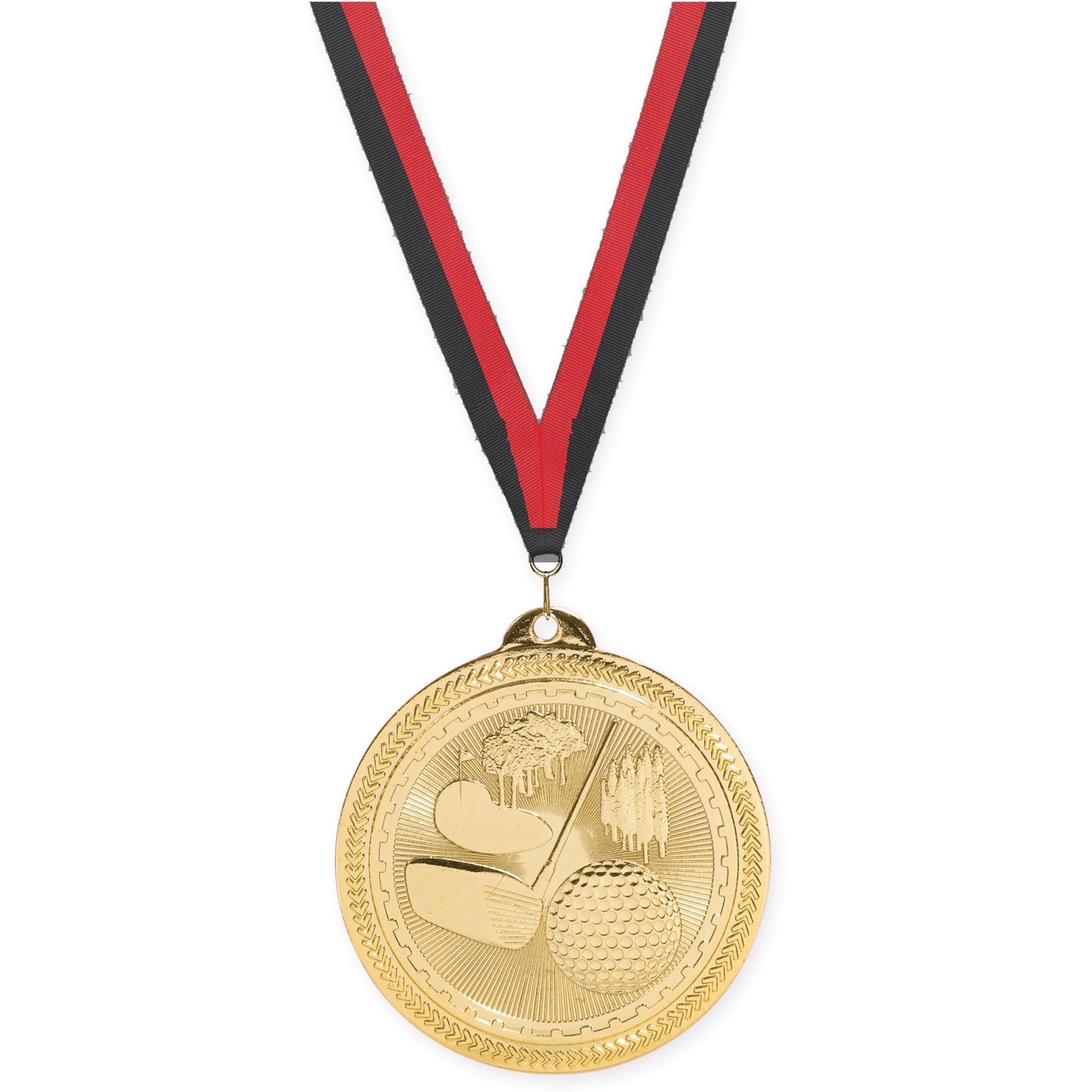 2 inch golf Sunburst medal in bright gold with Black Red neck ribbon