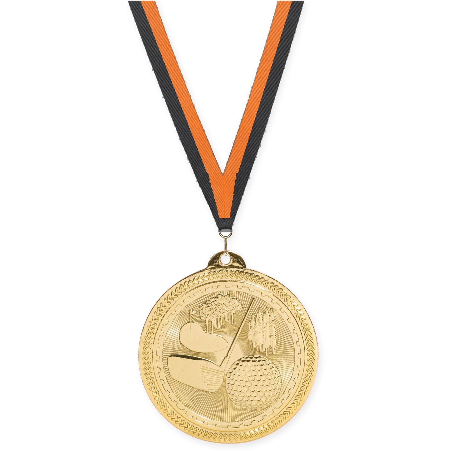 2 inch golf Sunburst medal in bright gold with Black Orange neck ribbon