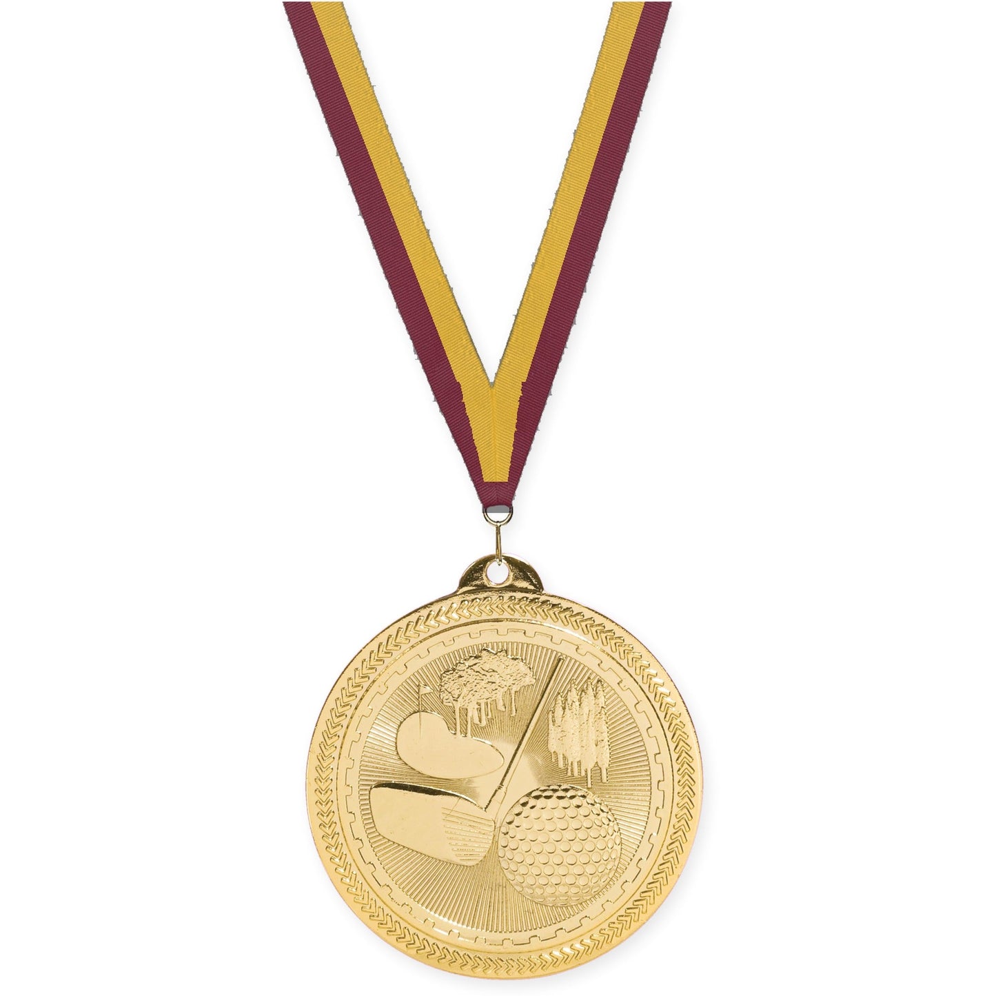 2 inch golf Sunburst medal in bright gold with Maroon Gold neck ribbon