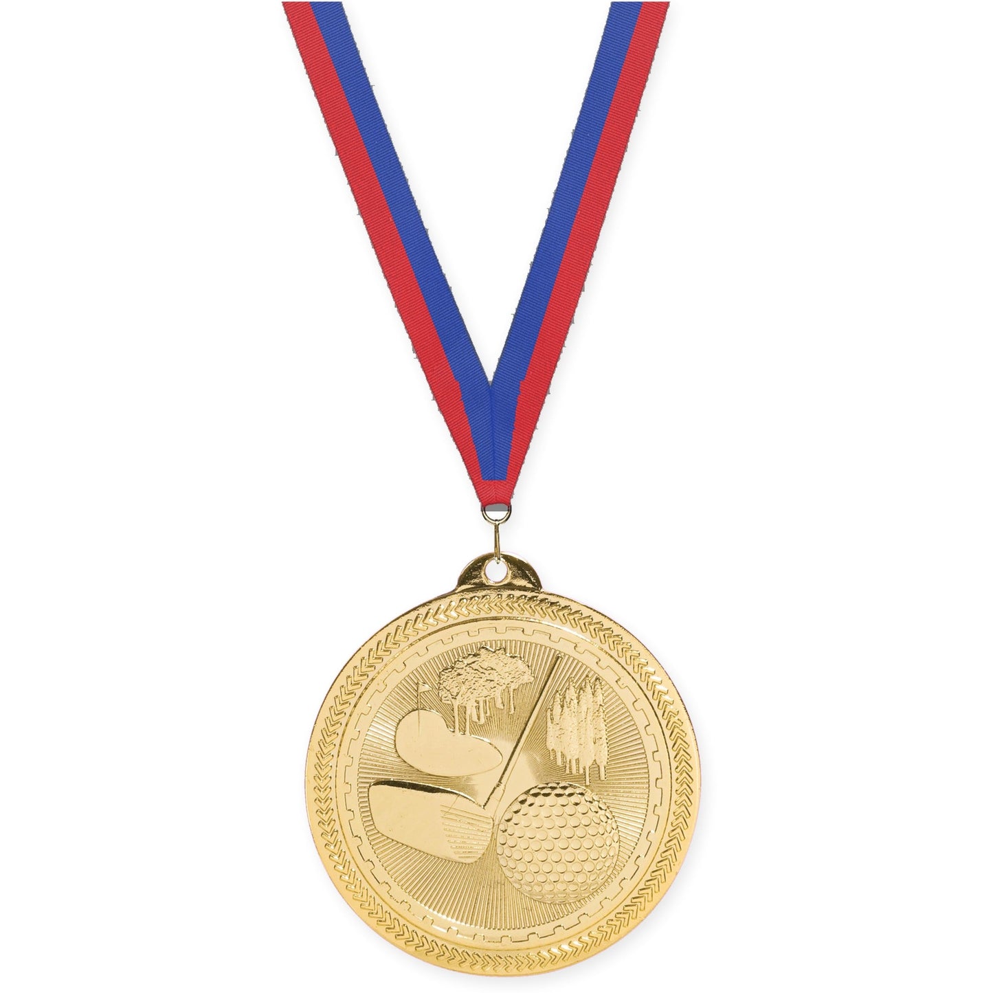 2 inch golf Sunburst medal in bright gold with Blue Red neck ribbon
