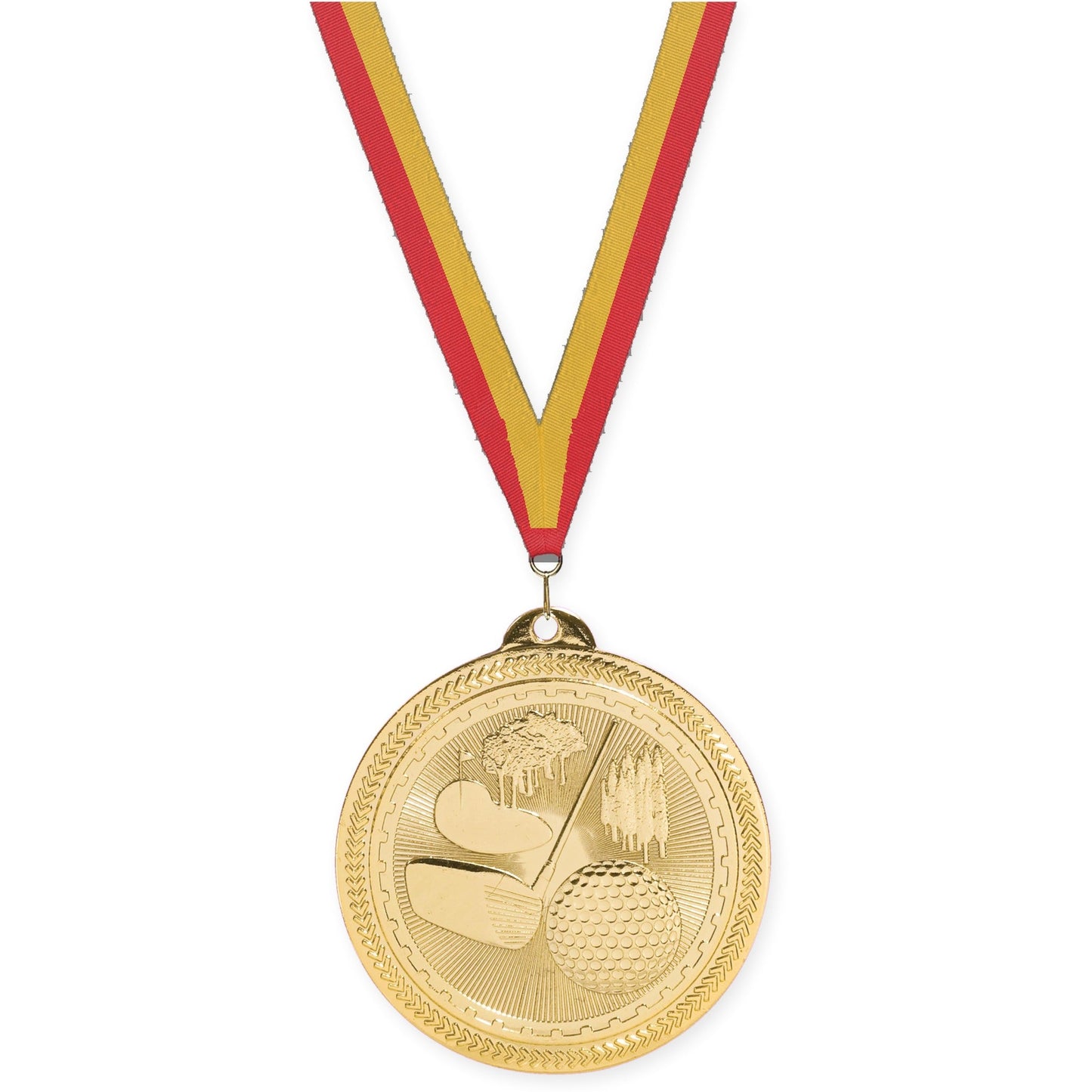 2 inch golf Sunburst medal in bright gold with Red Gold neck ribbon