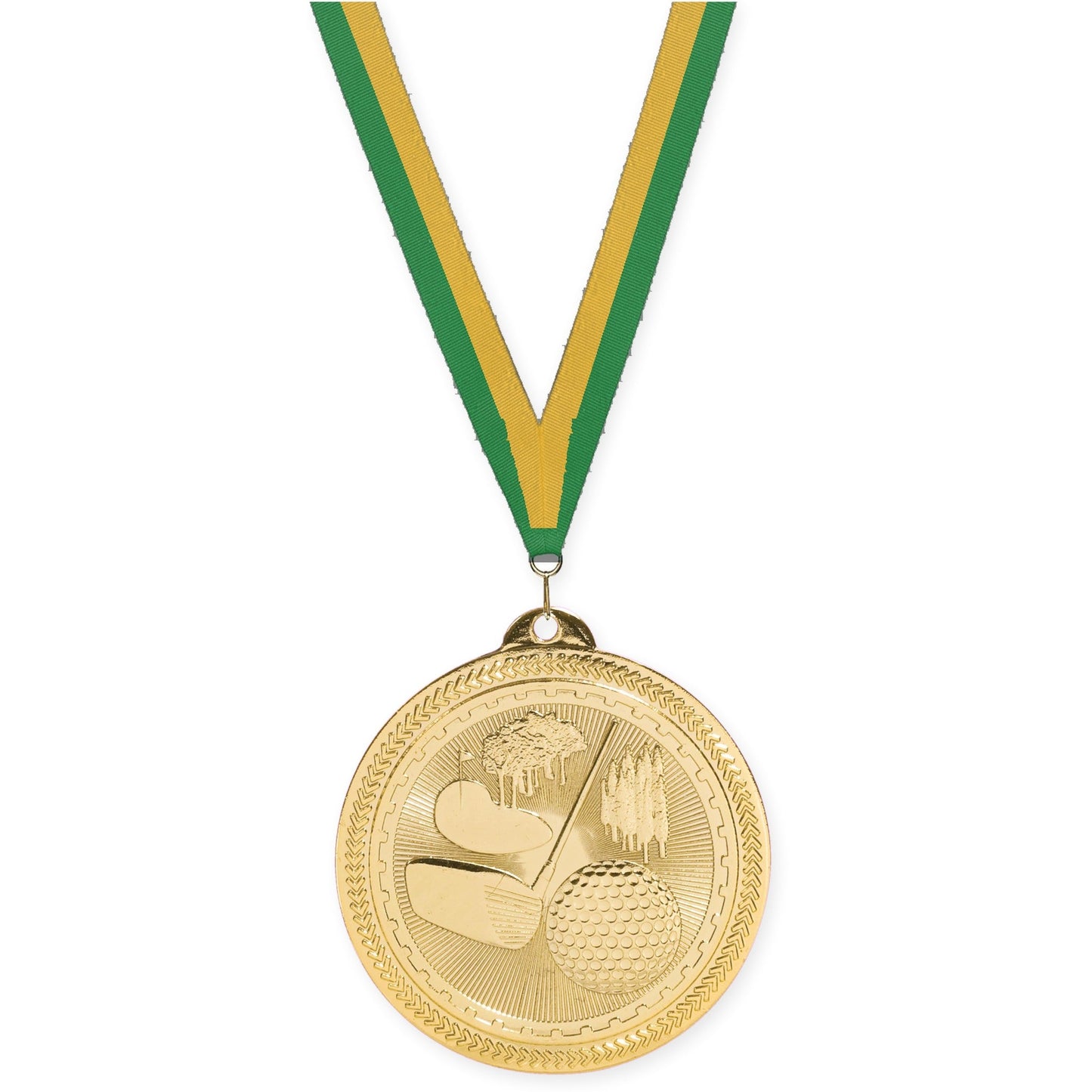 2 inch golf Sunburst medal in bright gold with Green Gold neck ribbon