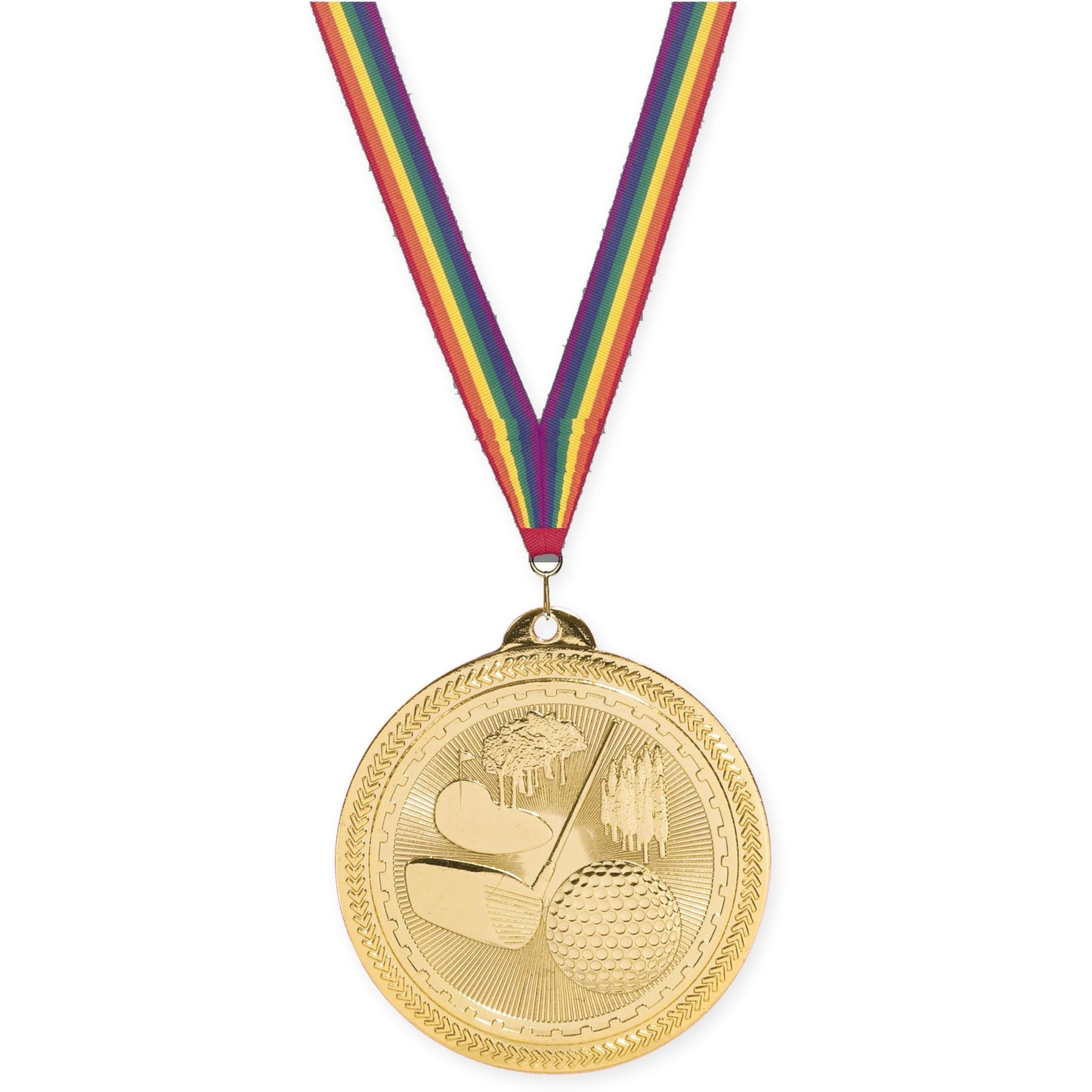 2 inch golf Sunburst medal in bright gold with Rainbow neck ribbon