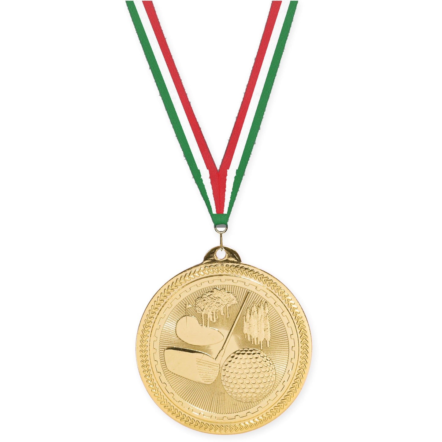 2 inch golf Sunburst medal in bright gold with Green White Red neck ribbon