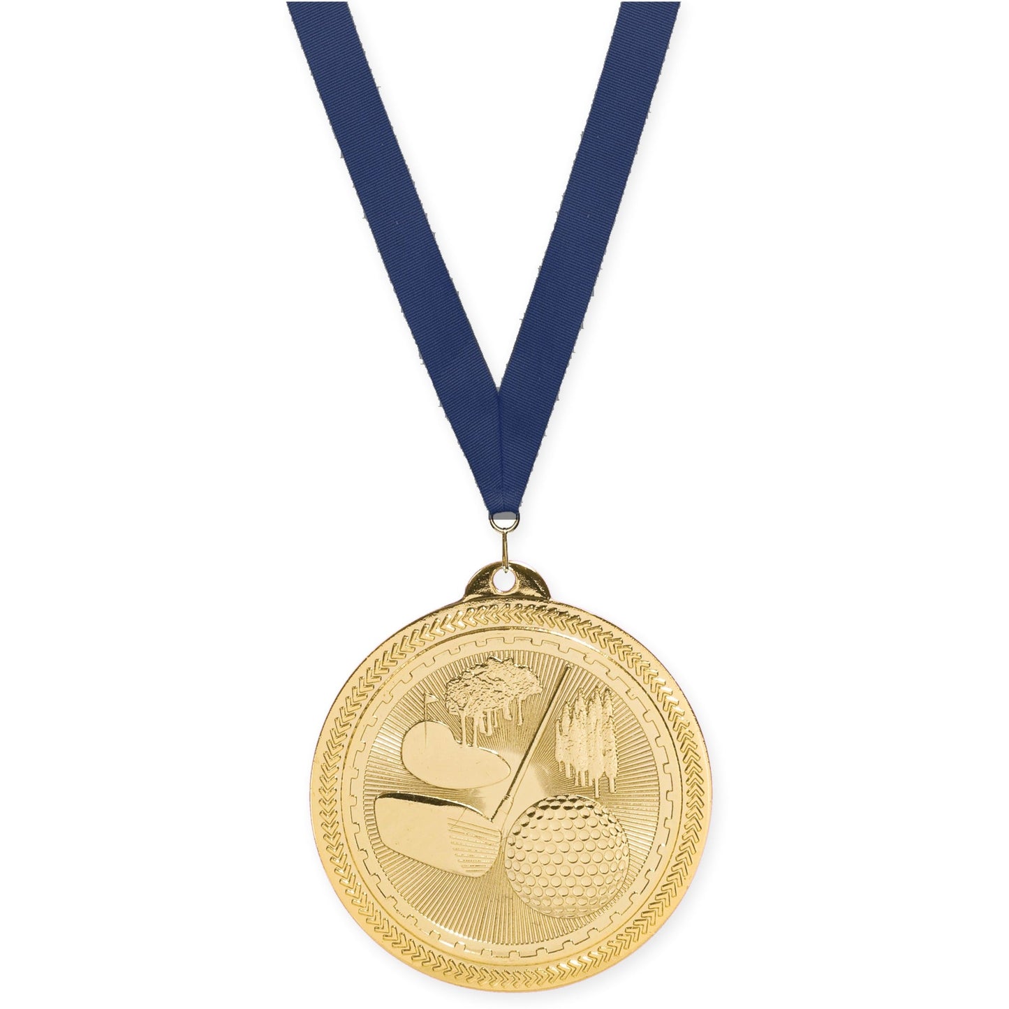 2 inch golf Sunburst medal in bright gold with Navy neck ribbon