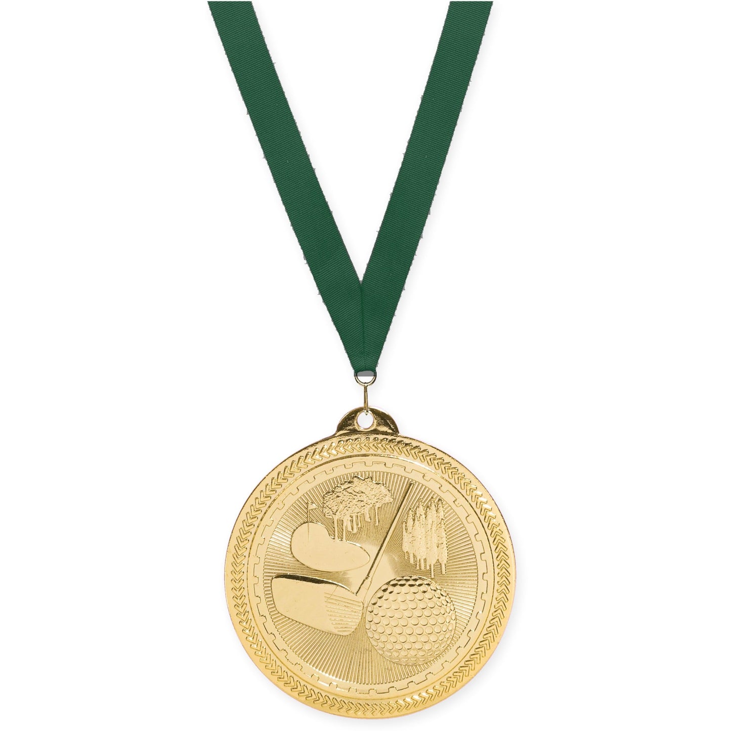 2 inch golf Sunburst medal in bright gold with Hunter Green neck ribbon