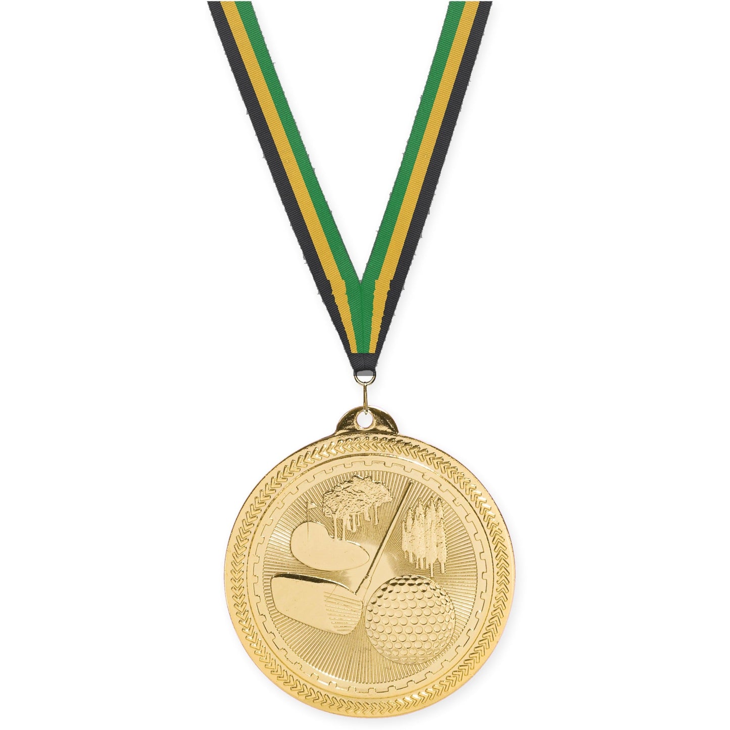 2 inch golf Sunburst medal in bright gold with Black Gold Green neck ribbon