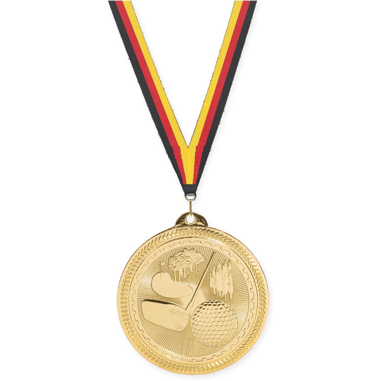 2 inch golf Sunburst medal in bright gold with Black Red Yellow neck ribbon