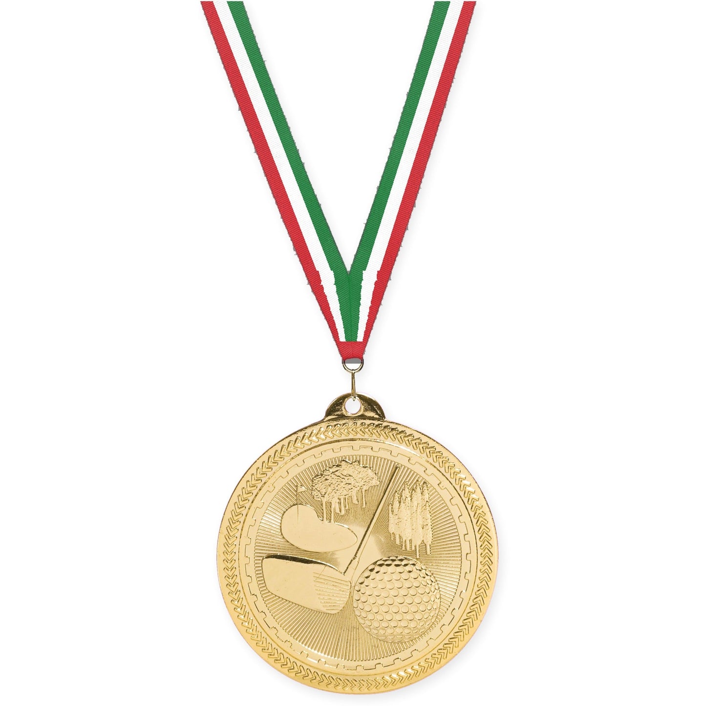 2 inch golf Sunburst medal in bright gold with Red White Green neck ribbon