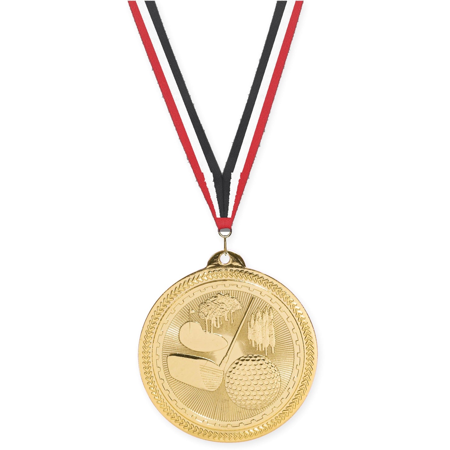 2 inch golf Sunburst medal in bright gold with Red White Black neck ribbon