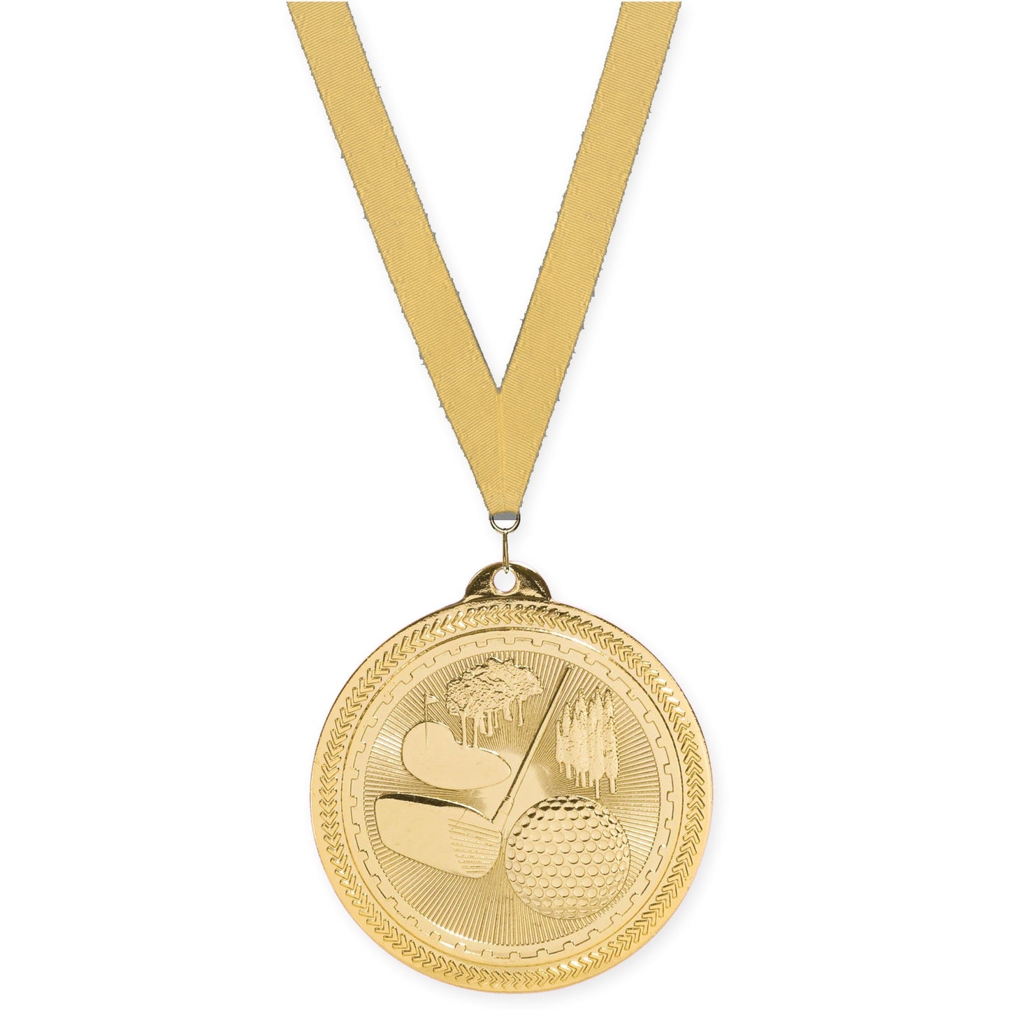 2 inch golf Sunburst medal in bright gold with Gold Metallic neck ribbon