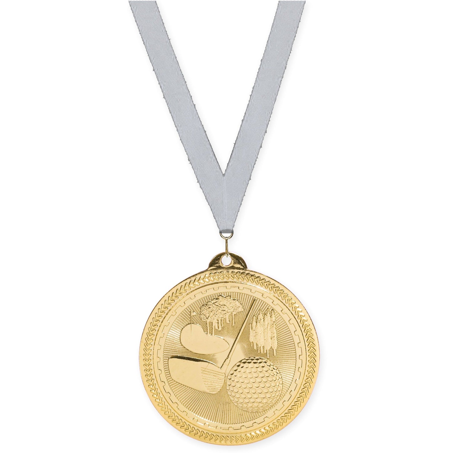 2 inch golf Sunburst medal in bright gold with Silver Metallic neck ribbon