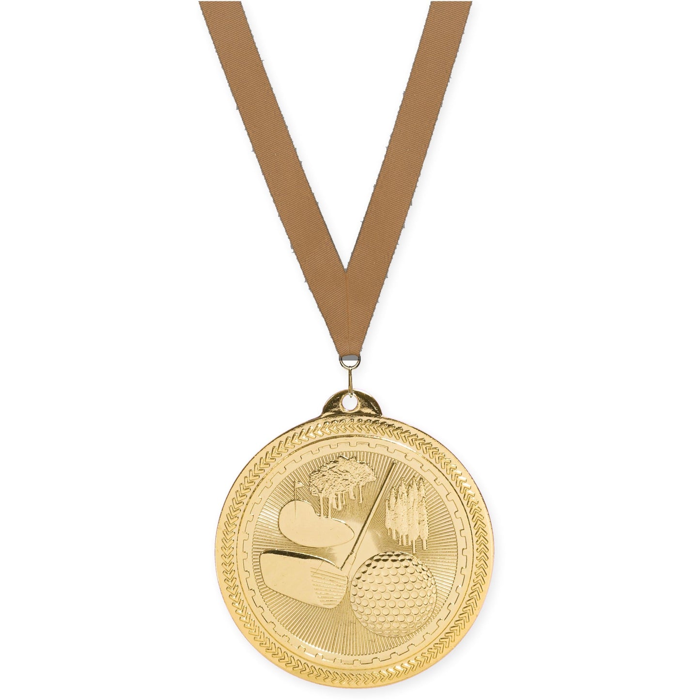 2 inch golf Sunburst medal in bright gold with Bronze Metallic neck ribbon