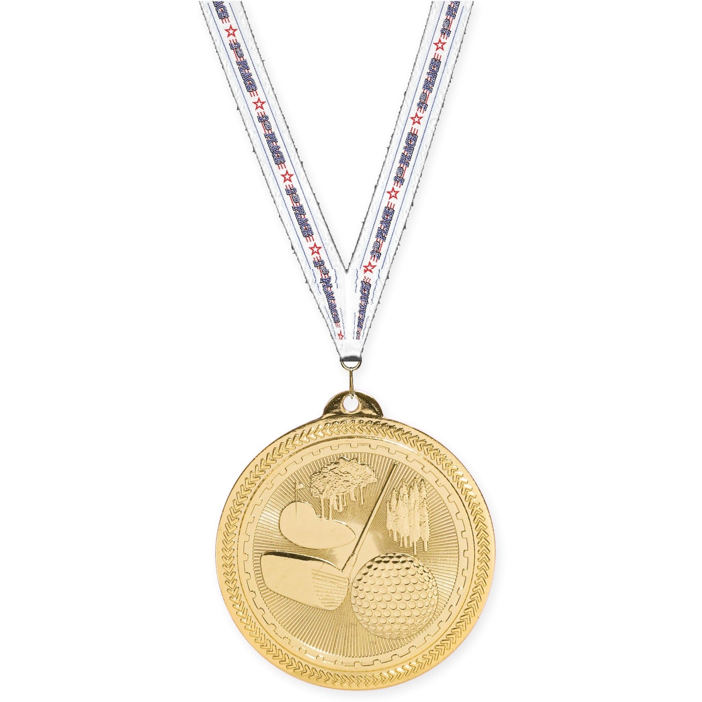 2 inch golf Sunburst medal in bright gold with 2nd Place neck ribbon