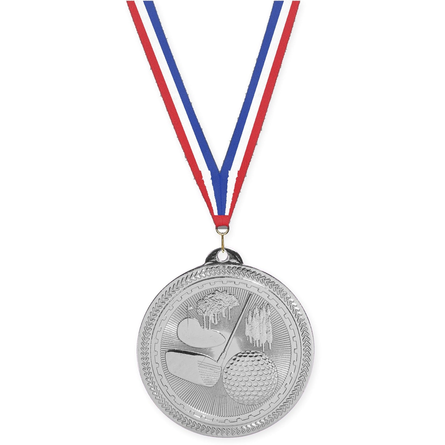 2 inch golf Sunburst medal in bright silver with Red White Blue neck ribbon