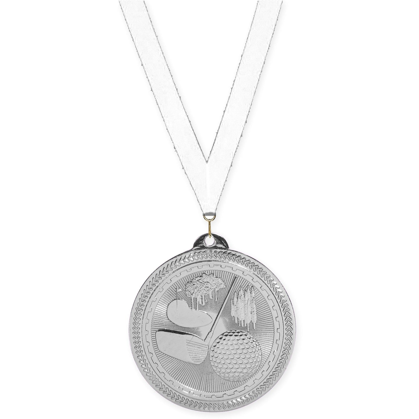 2 inch golf Sunburst medal in bright silver with White neck ribbon