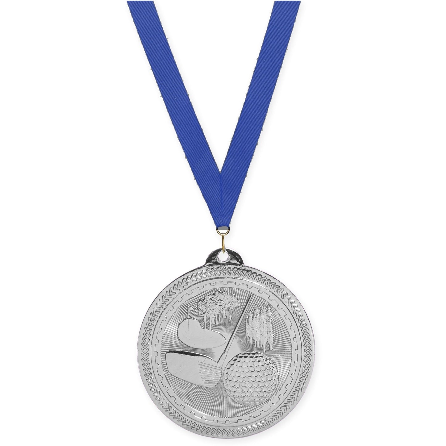 2 inch golf Sunburst medal in bright silver with Blue neck ribbon