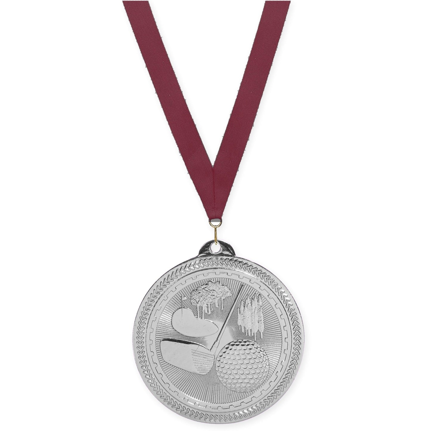 2 inch golf Sunburst medal in bright silver with Maroon neck ribbon