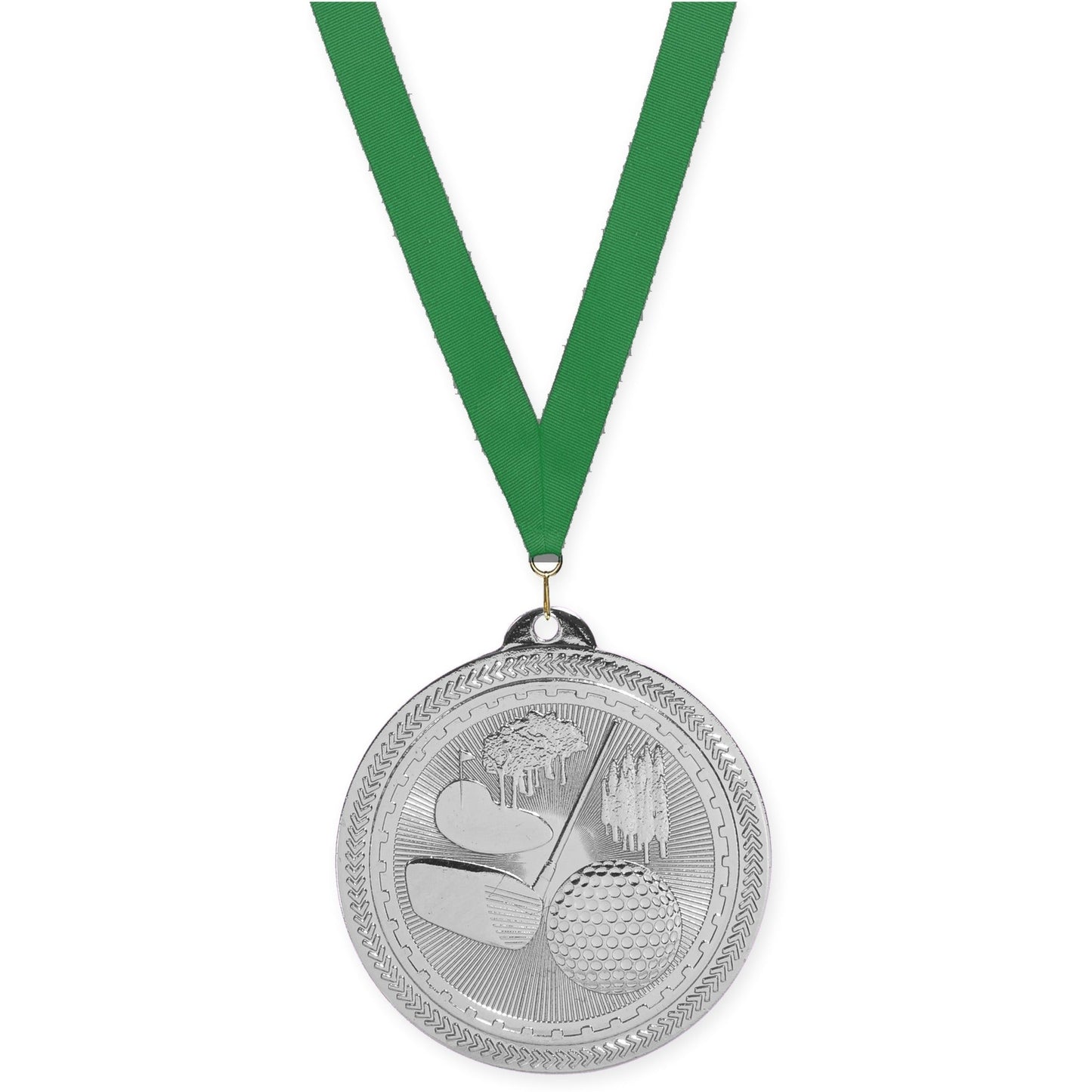 2 inch golf Sunburst medal in bright silver with Green neck ribbon