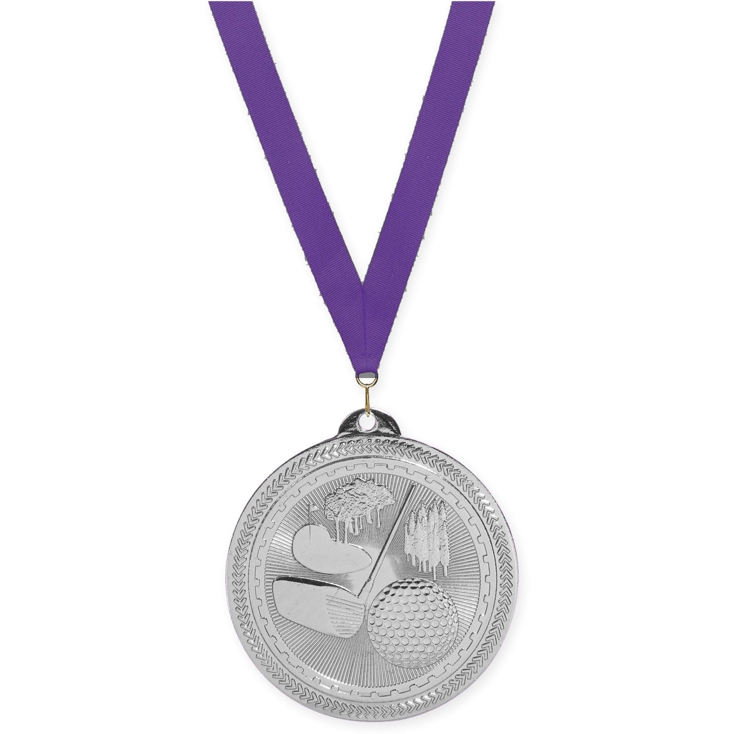 2 inch golf Sunburst medal in bright silver with Purple neck ribbon