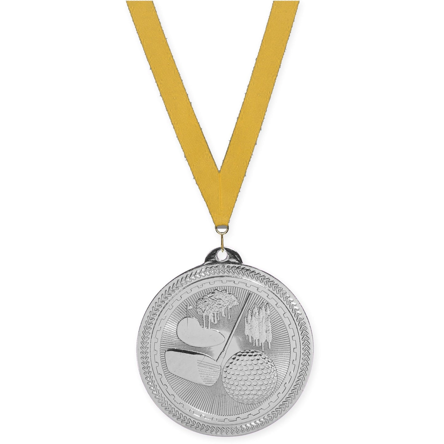 2 inch golf Sunburst medal in bright silver with Gold neck ribbon