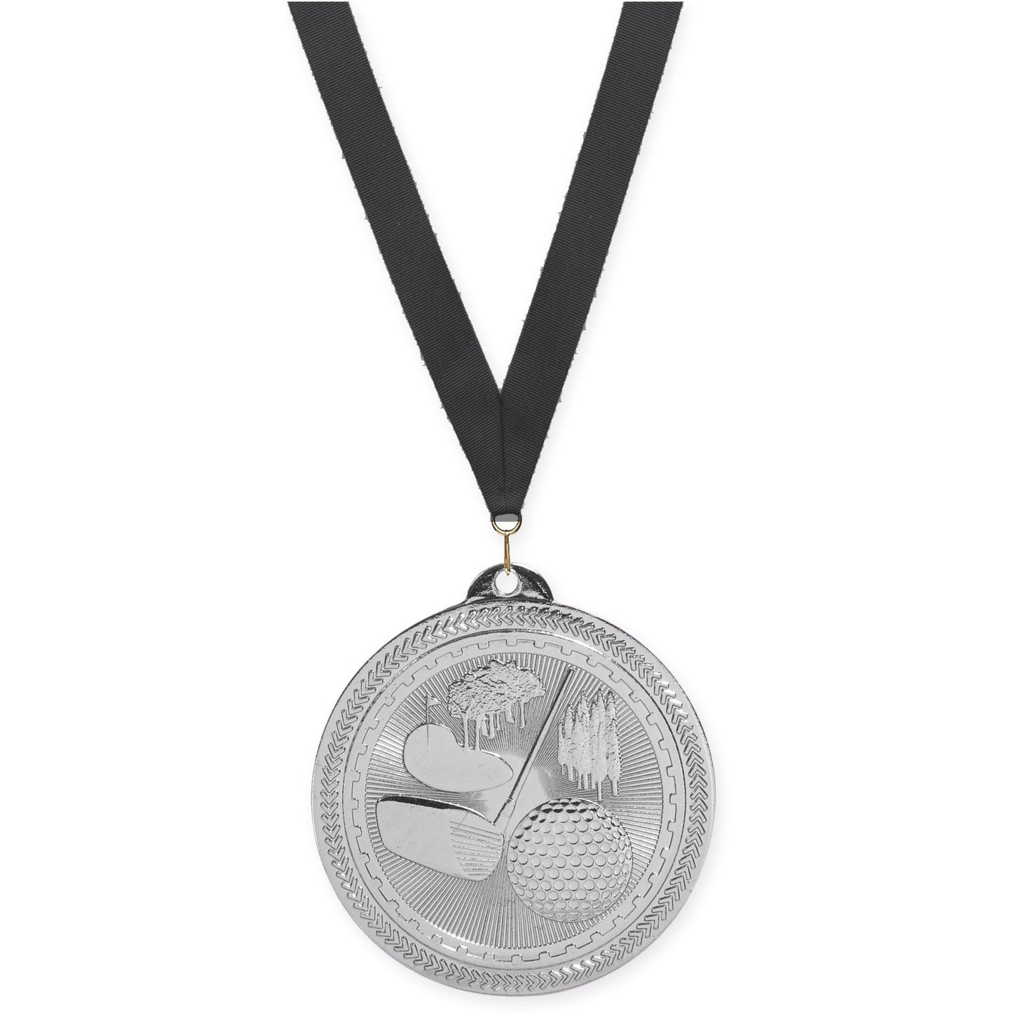 2 inch golf Sunburst medal in bright silver with Black neck ribbon