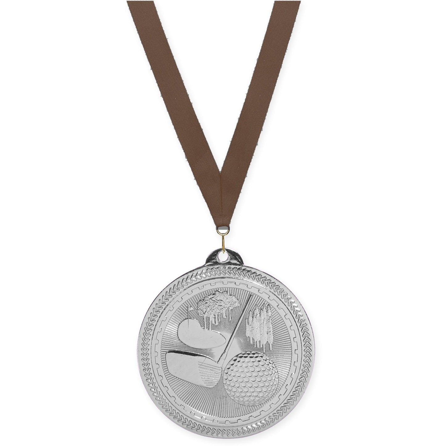 2 inch golf Sunburst medal in bright silver with Brown neck ribbon