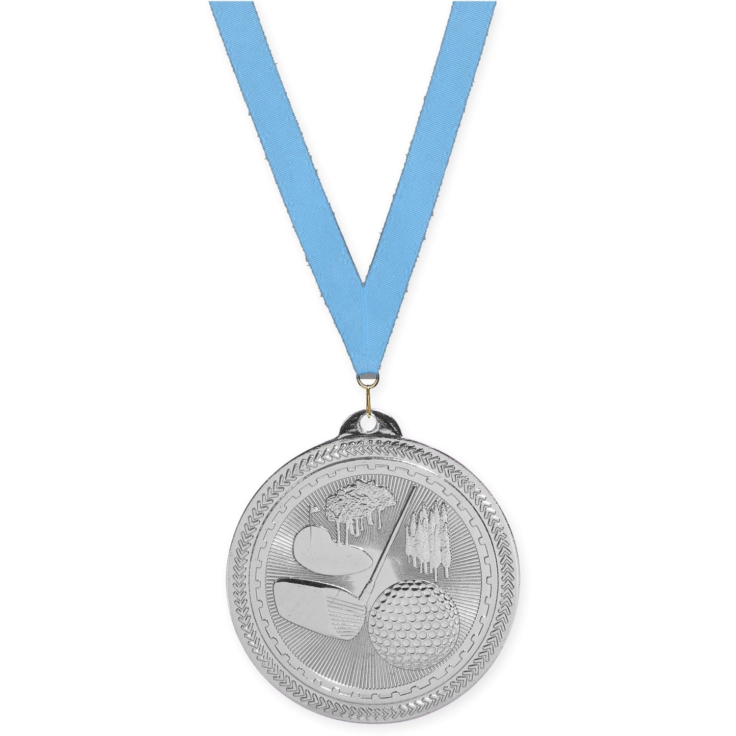 2 inch golf Sunburst medal in bright silver with Light Blue neck ribbon