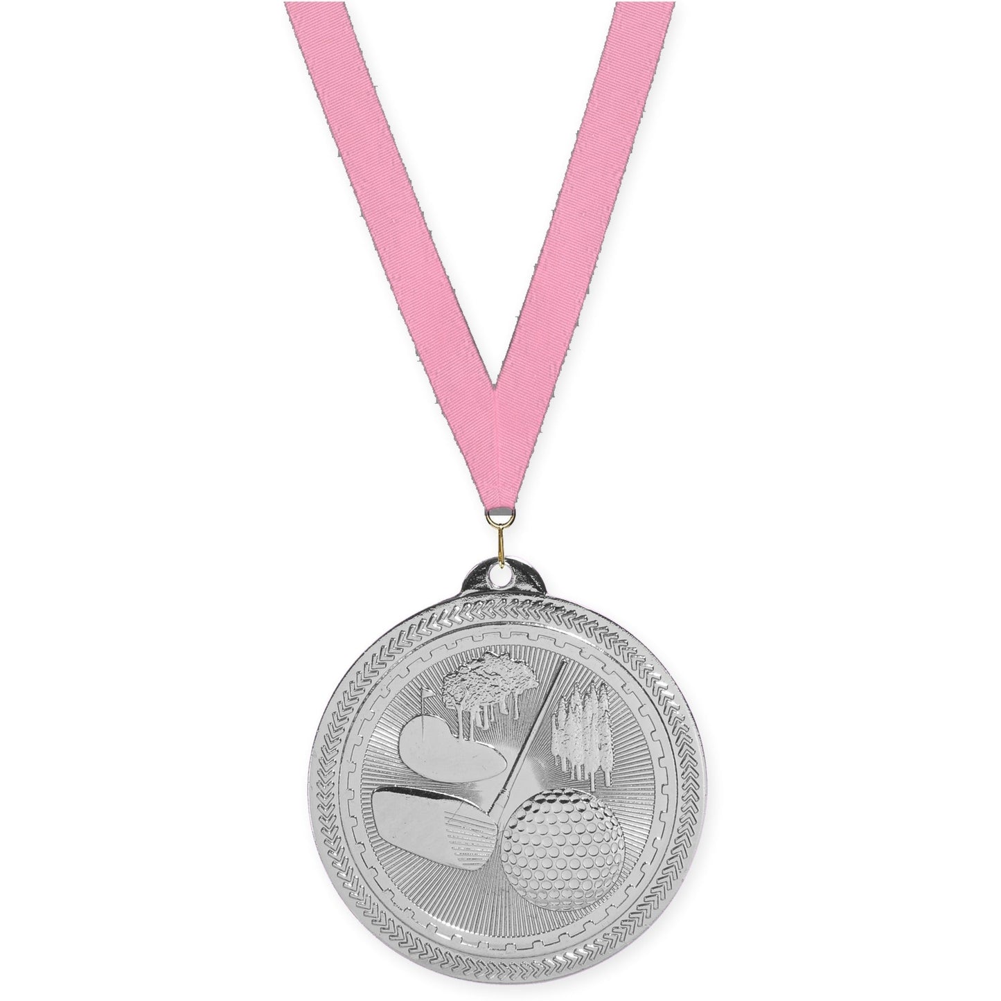 2 inch golf Sunburst medal in bright silver with Pink neck ribbon
