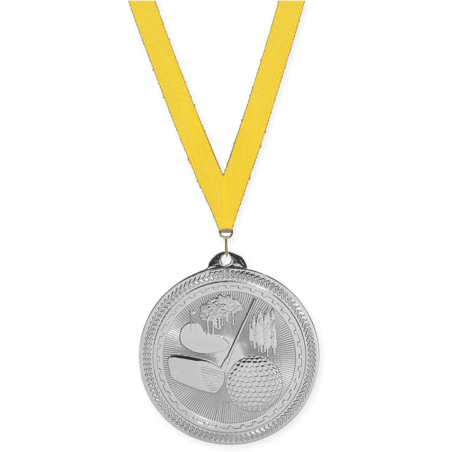 2 inch golf Sunburst medal in bright silver with Yellow neck ribbon