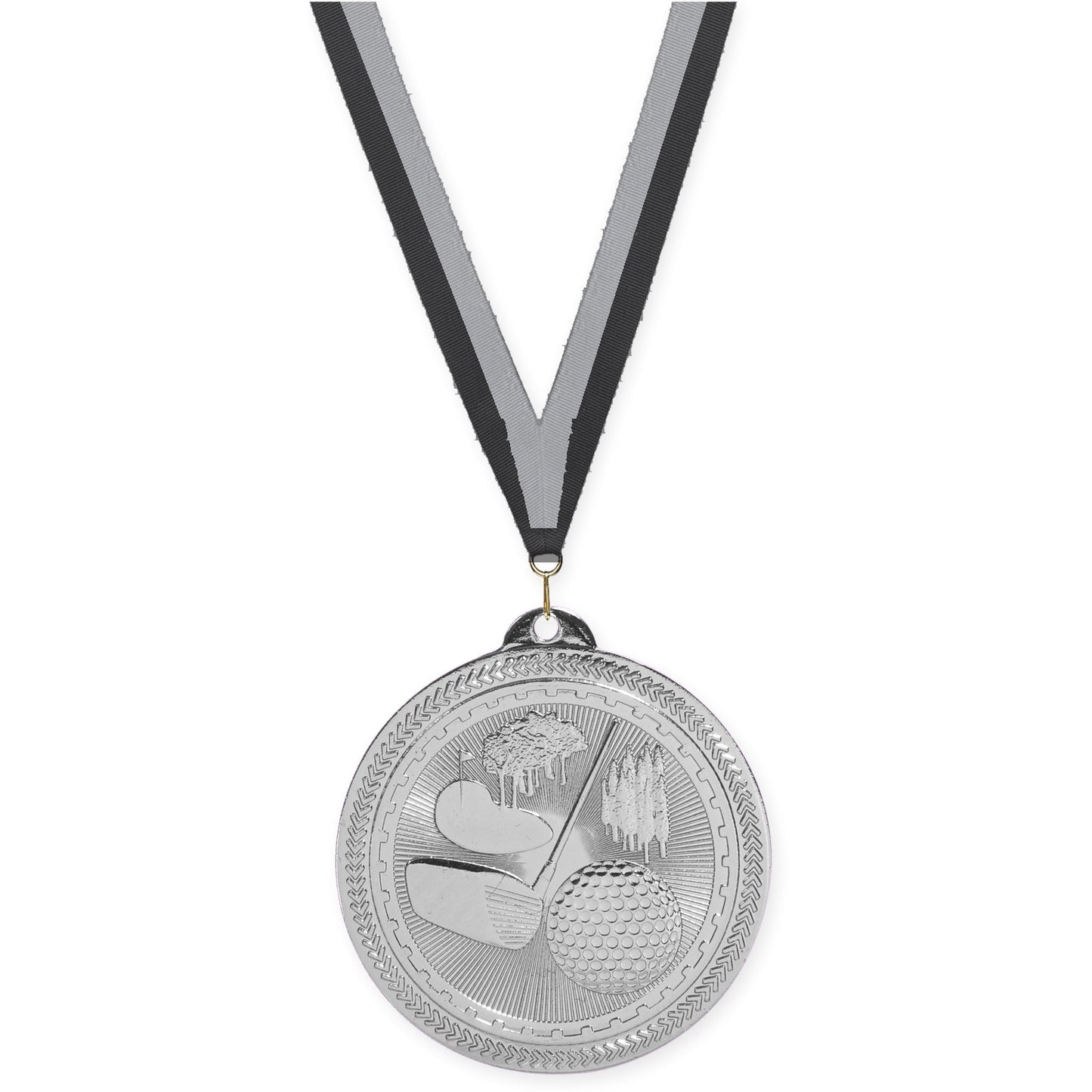 2 inch golf Sunburst medal in bright silver with Black Gray neck ribbon