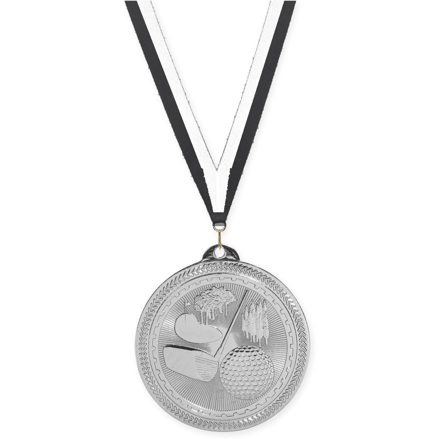2 inch golf Sunburst medal in bright silver with Black White neck ribbon