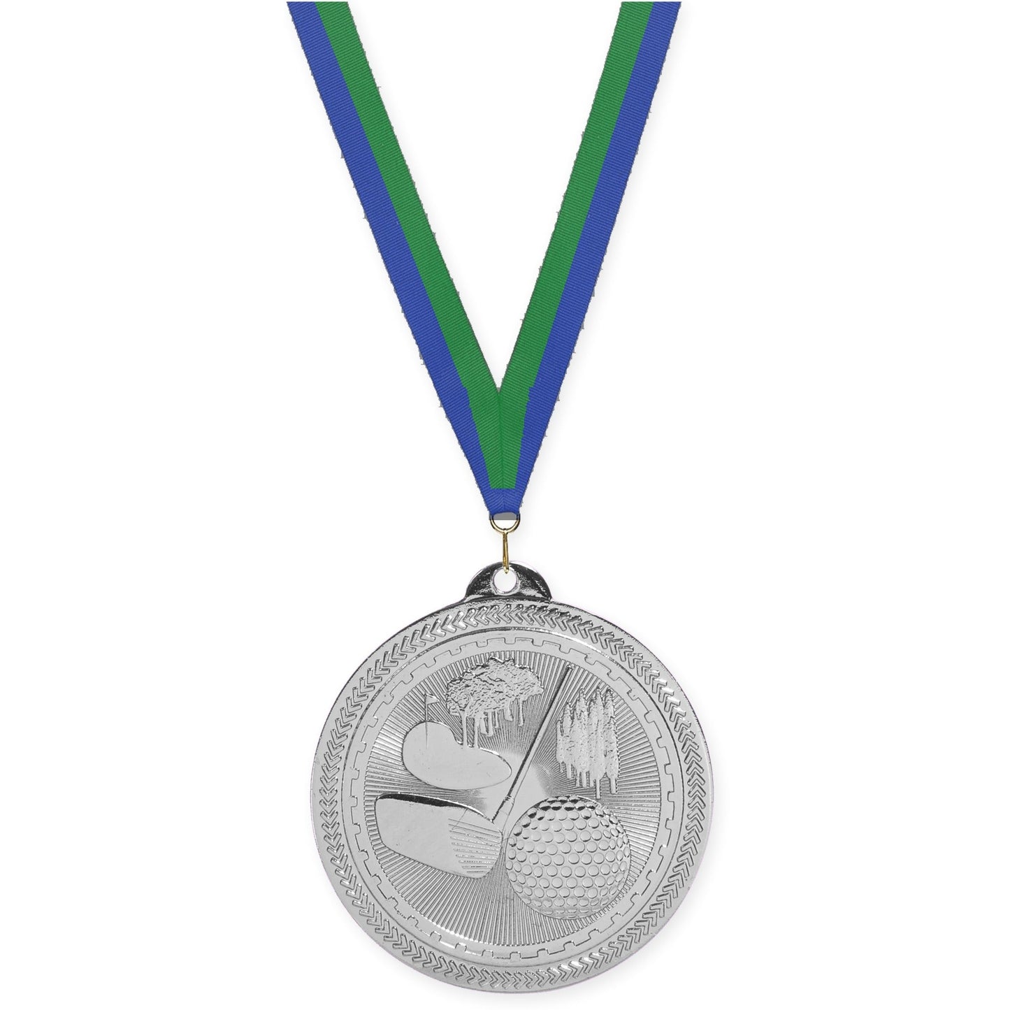 2 inch golf Sunburst medal in bright silver with Blue Green neck ribbon