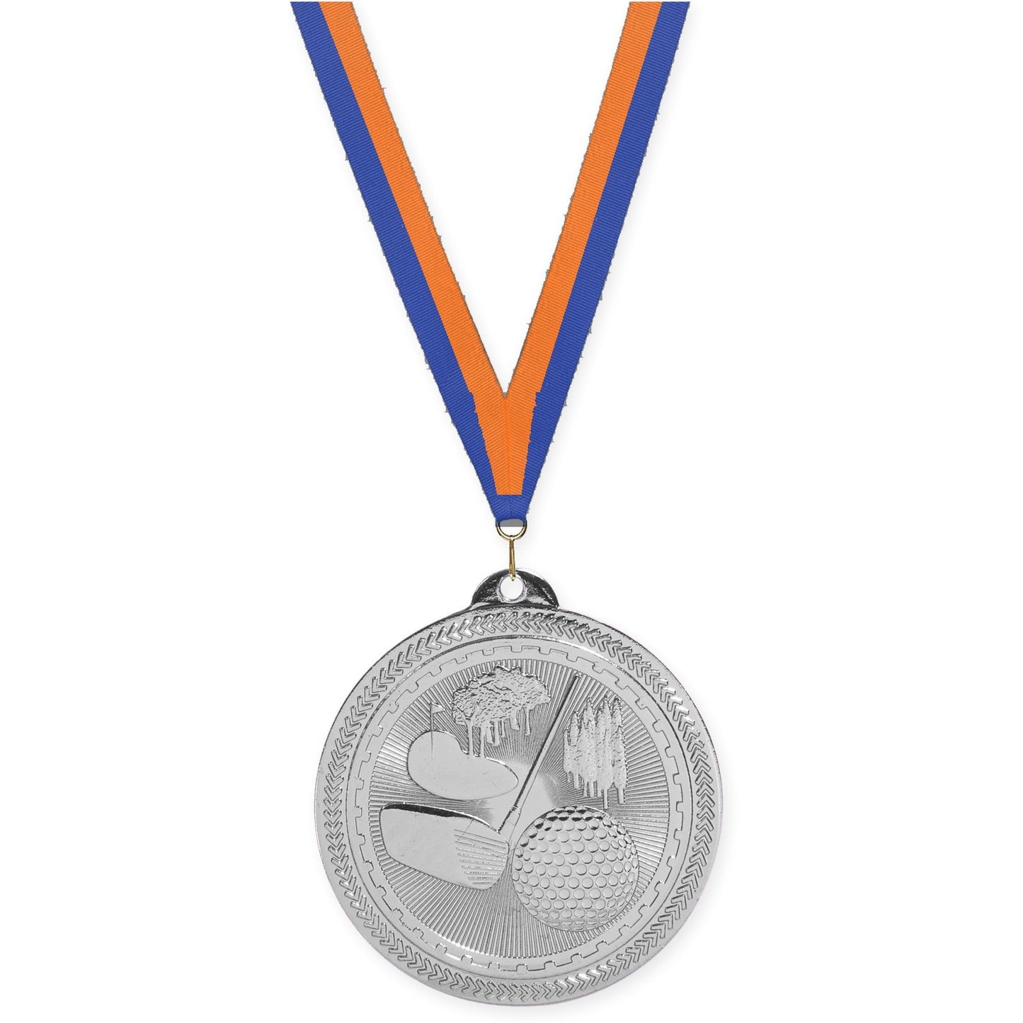 2 inch golf Sunburst medal in bright silver with Blue Orange neck ribbon