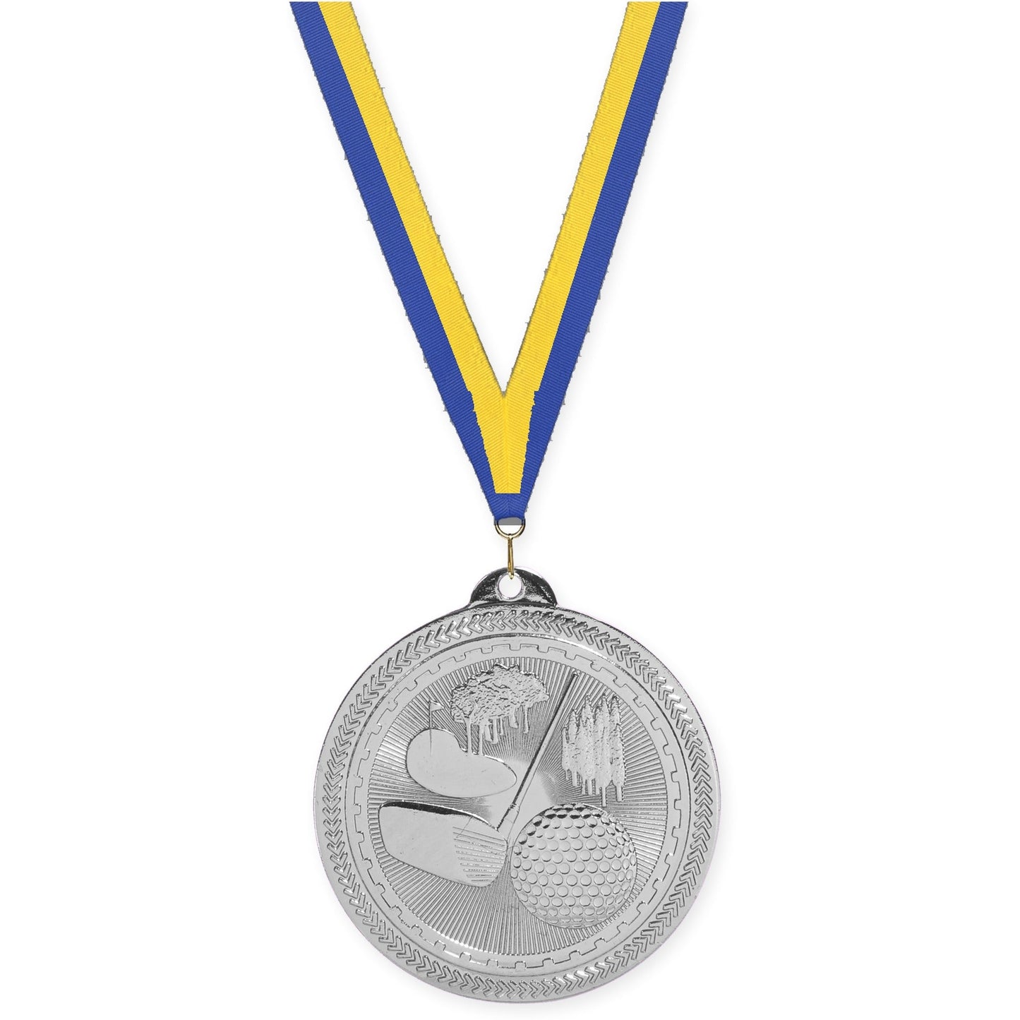 2 inch golf Sunburst medal in bright silver with Blue Yellow neck ribbon